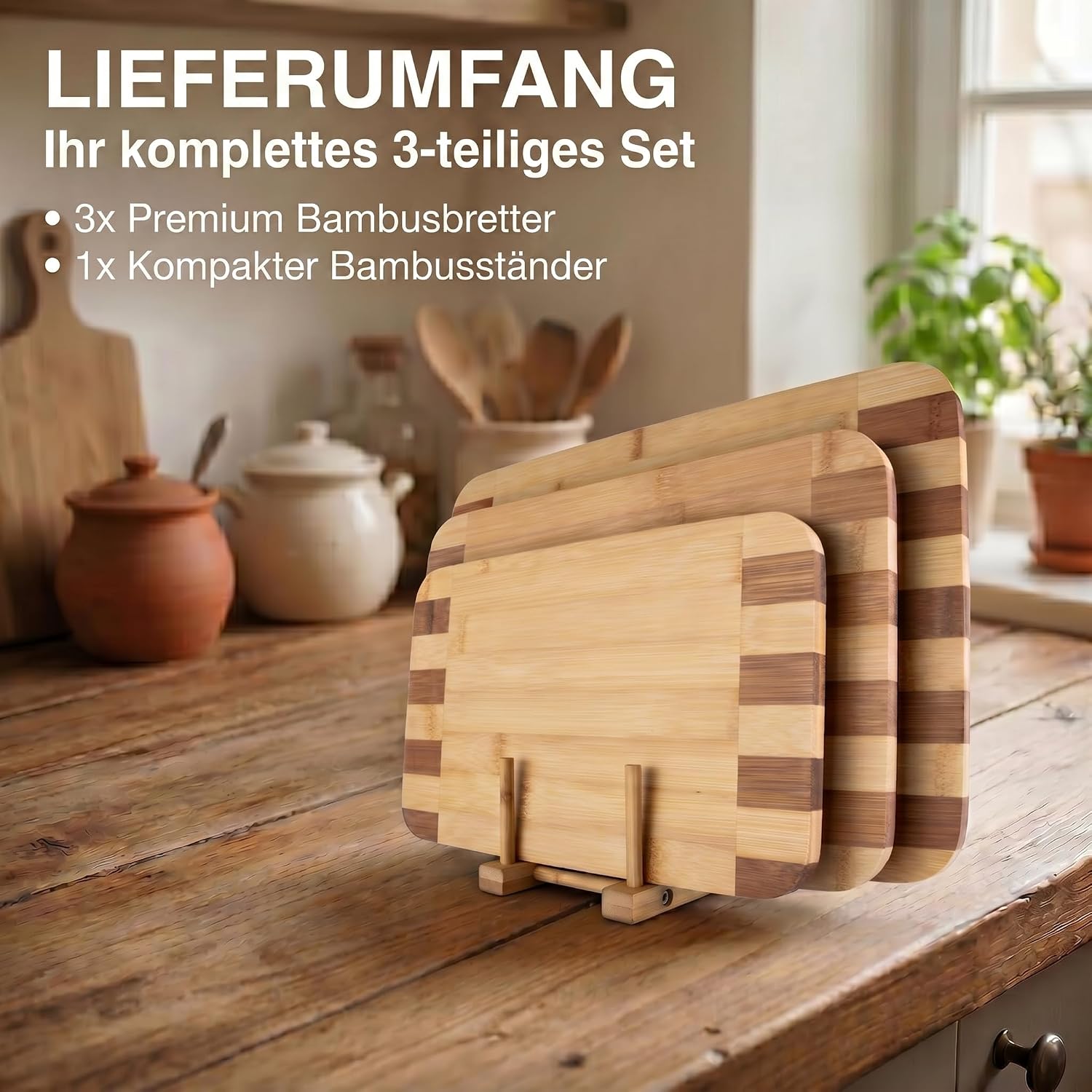 Bambus-Schneidebrett 3er Set mit Ständer – Robust & Klingenschonend