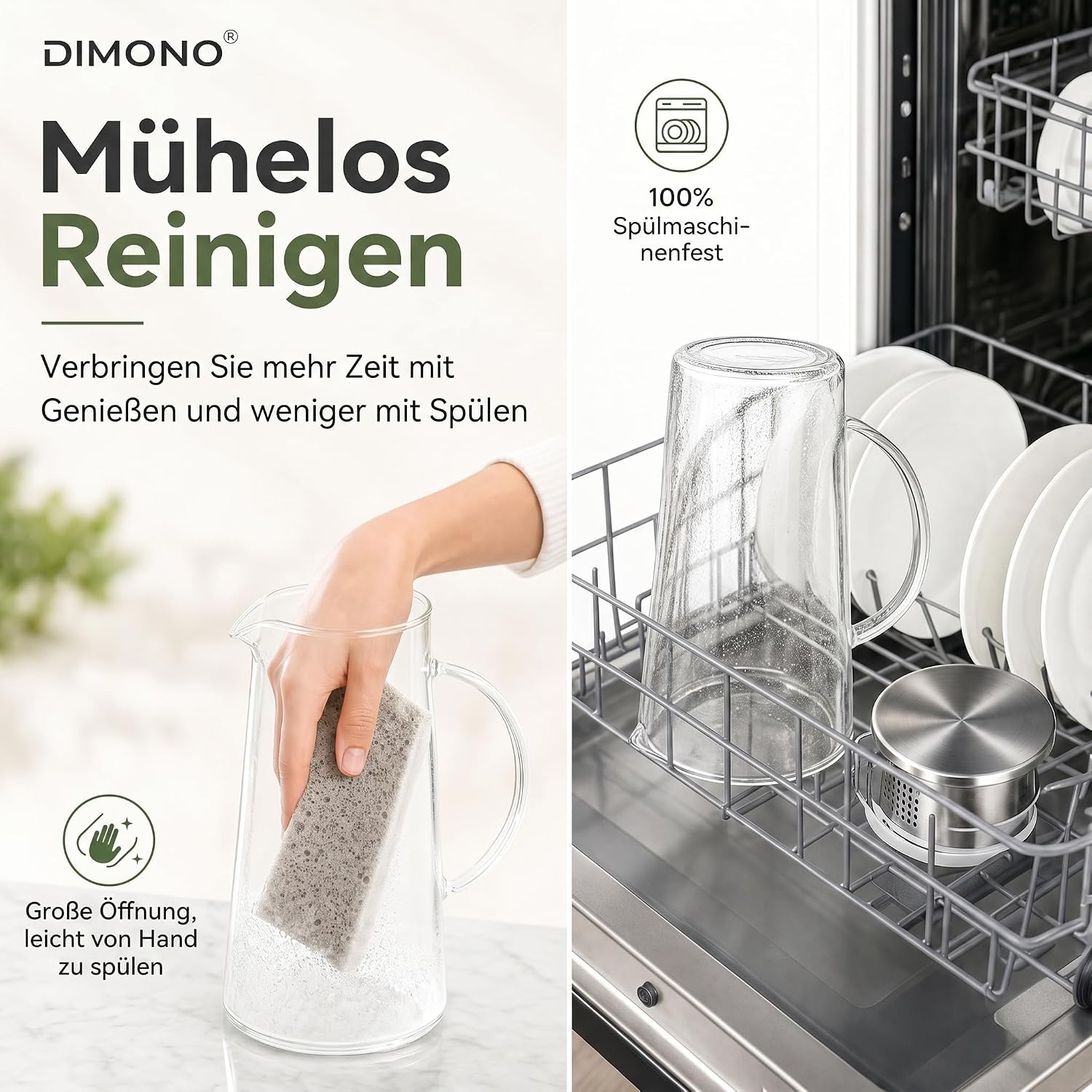 Dimono Glaskrug 1,5L mit Edelstahl-Filter – Hitzebeständige Karaffe