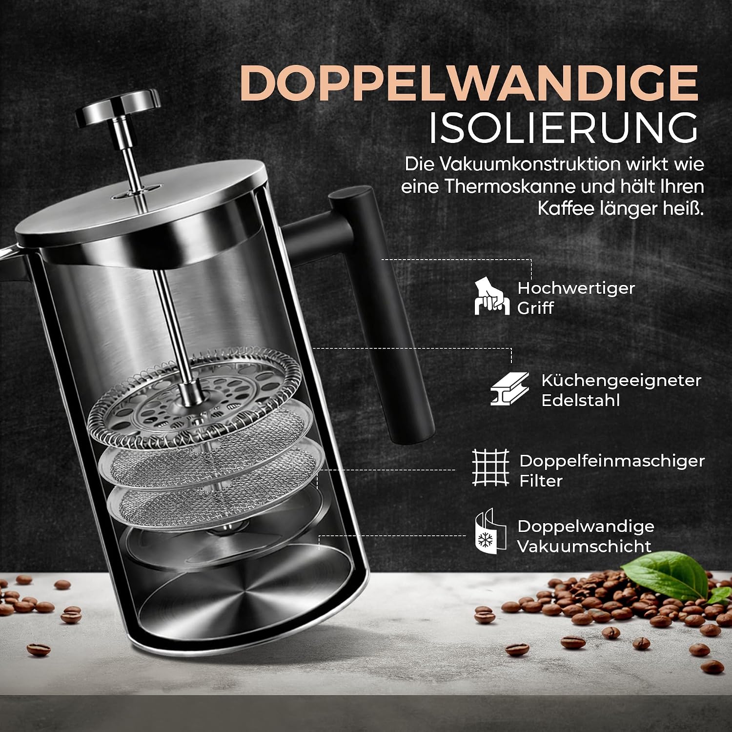 Edelstahl French Press 350ml - Bruchfeste Kaffeebereiter Kanne