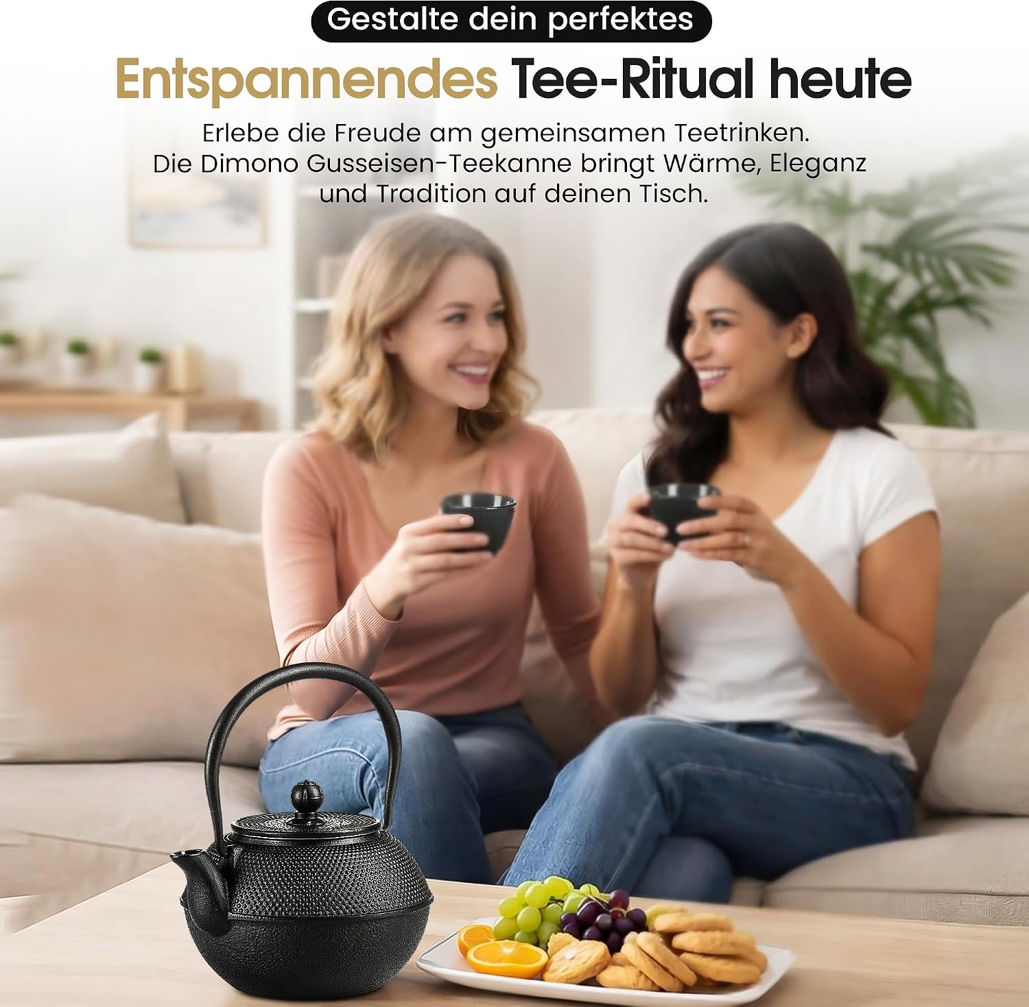 Traditionelles Gusseisen-Teeset - Teekanne mit Stövchen & 2 Tassen