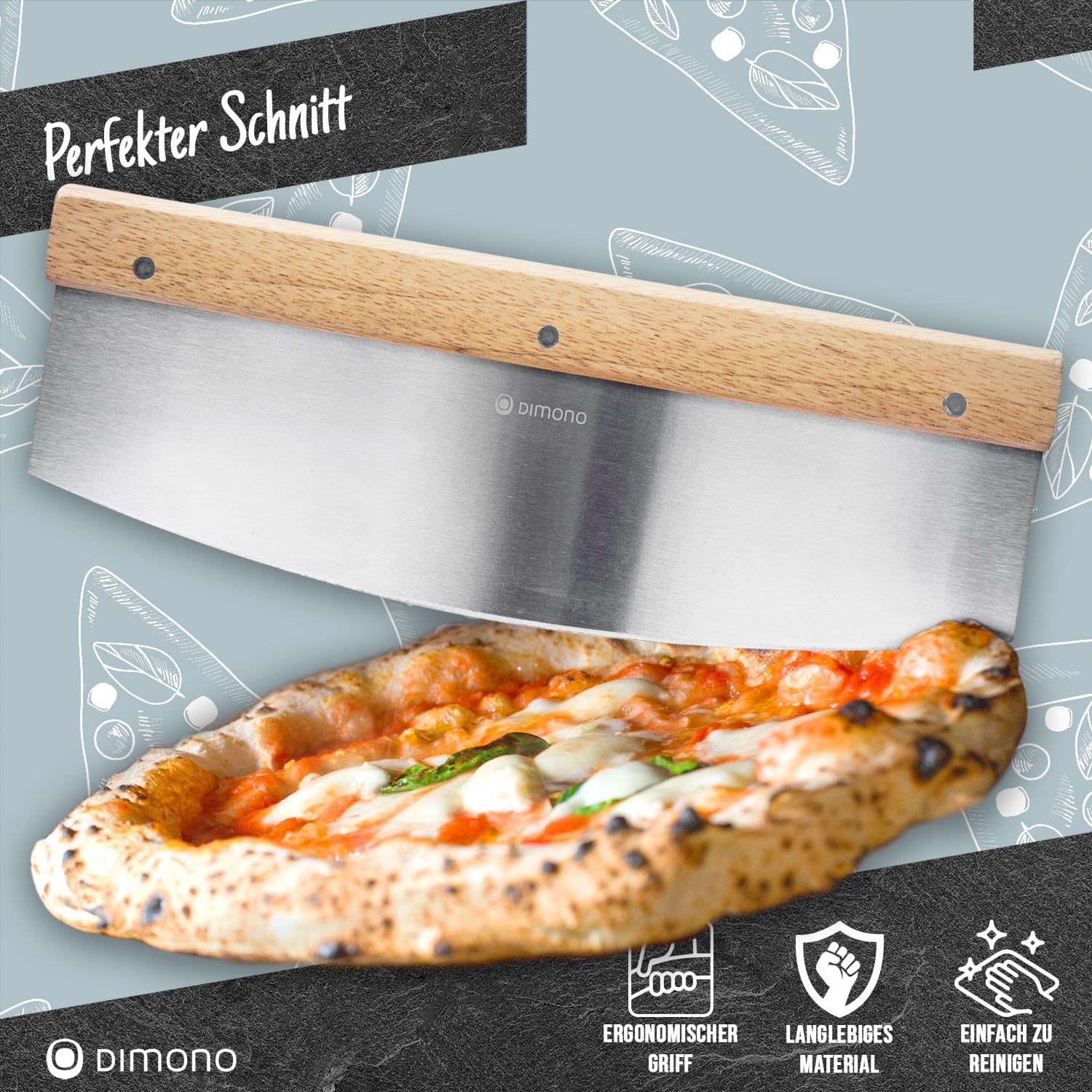 Profi Pizzaschneider Deluxe - 35 cm Wiegemesser Edelstahl & Holz