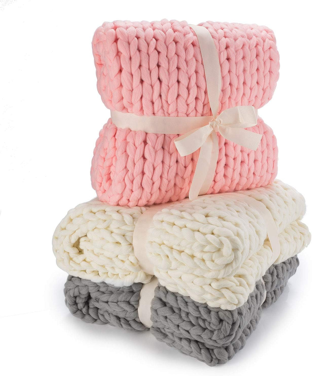 Grobstrickdecke Rosa 180 x 120 cm, drei Decken in Rosa, Creme und Grau gestapelt #Farbe_Keine