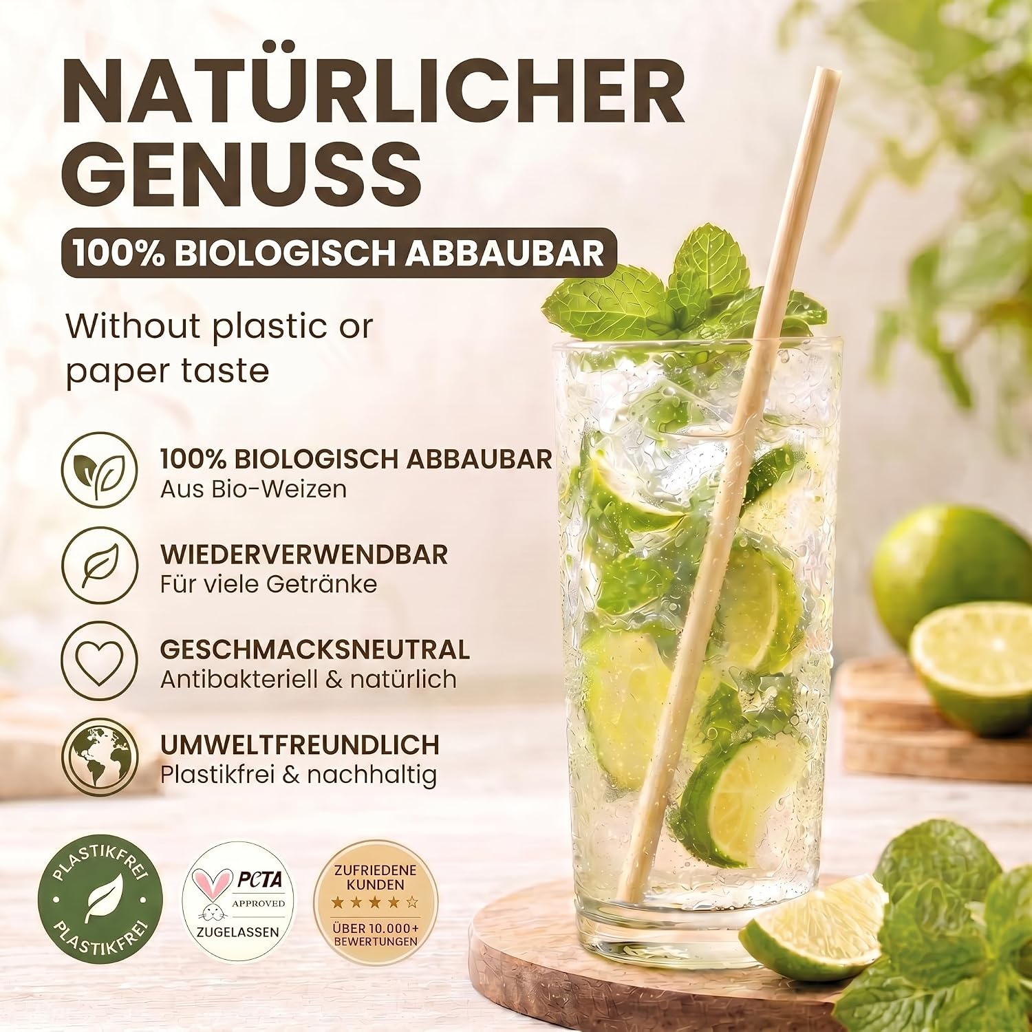 100 Bio Weizenstrohhalme - Nachhaltig, Biologisch & Geschmacksecht