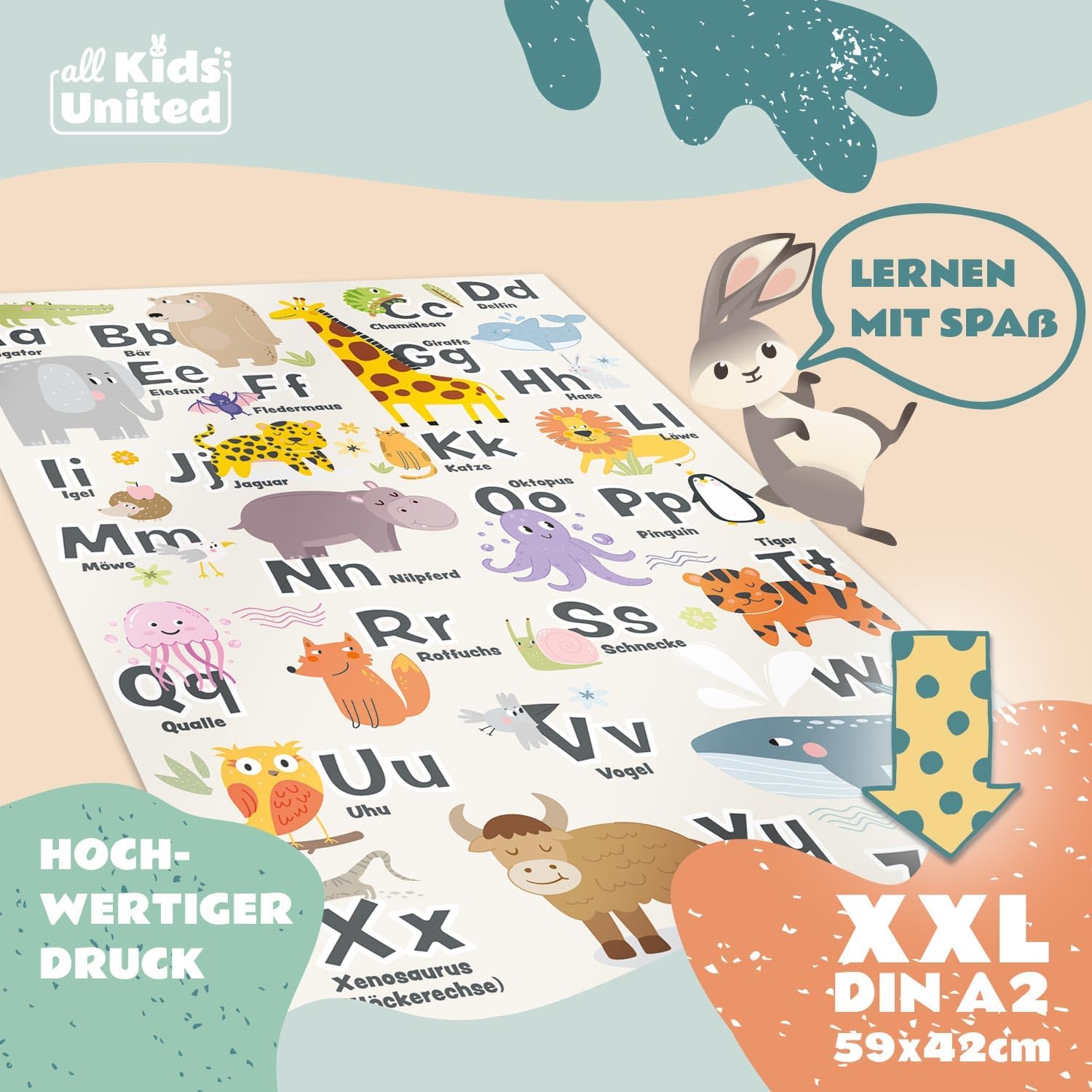 ABC-Kinderposter - Liebevolles Lernposter mit Tieren - 42x60 cm