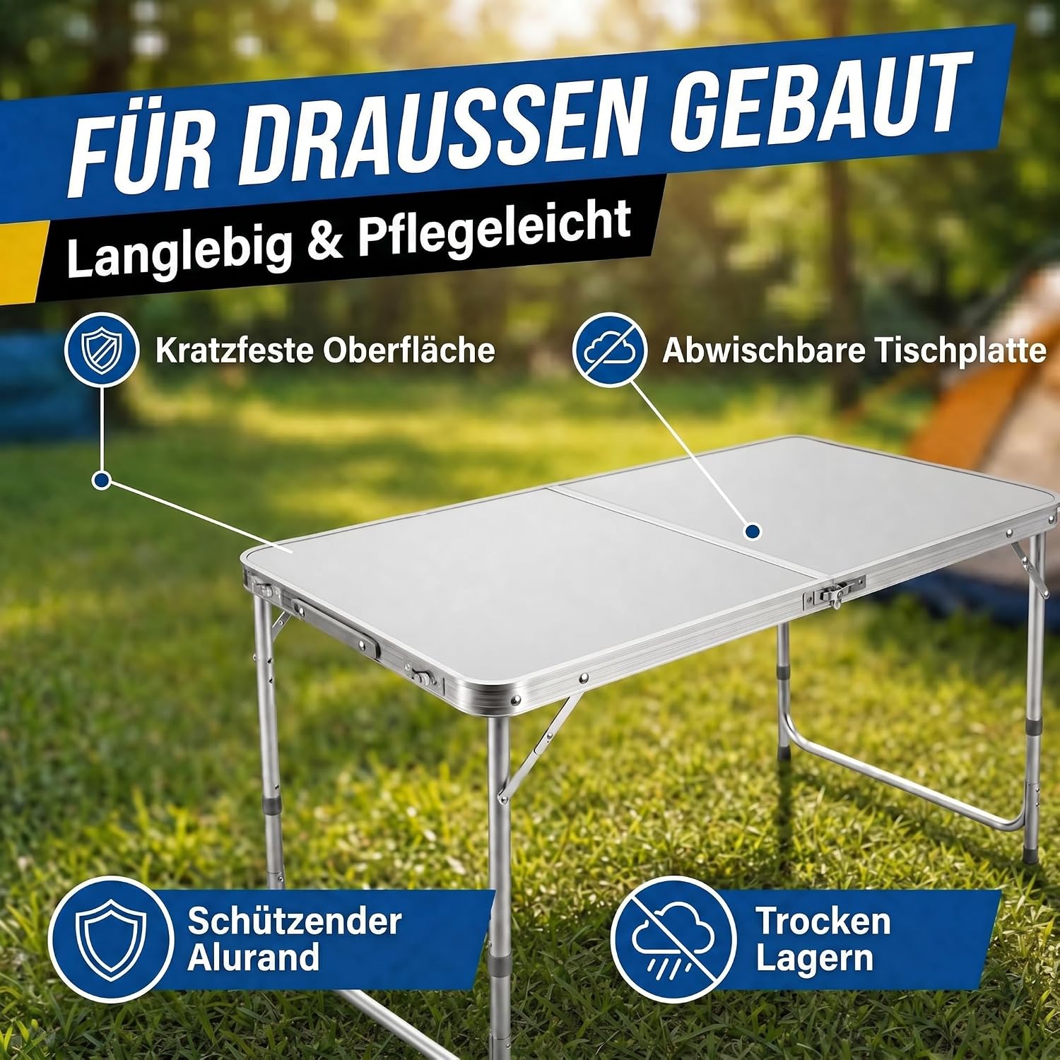 Klapptisch 120x60cm - Höhenverstellbarer Campingtisch Faltbar