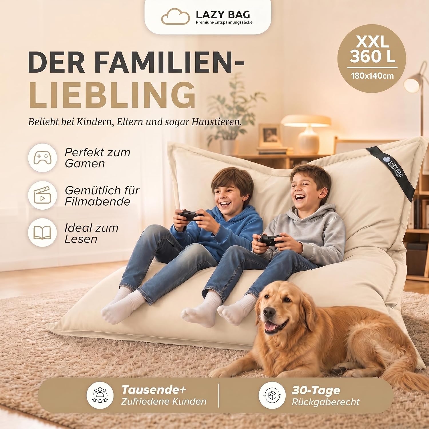 LazyBag XXL Sitzsack 180x140 cm aus Baumwolle – 400L Komfort