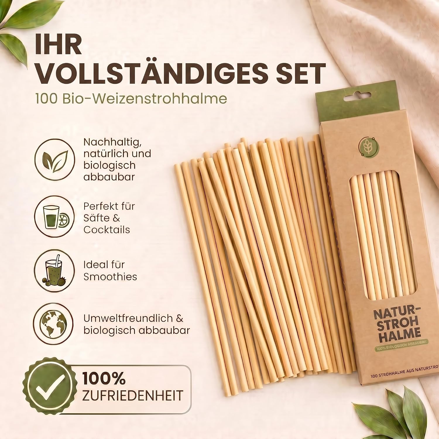 100 Bio Weizenstrohhalme - Nachhaltig, Biologisch & Geschmacksecht