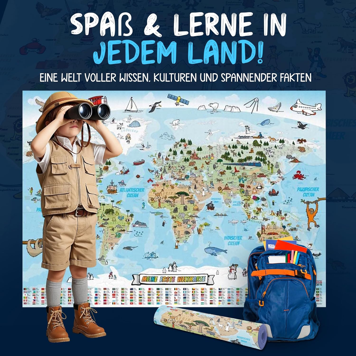 Kinder Weltkarte XXL - 140x100cm Lernposter für Kinder