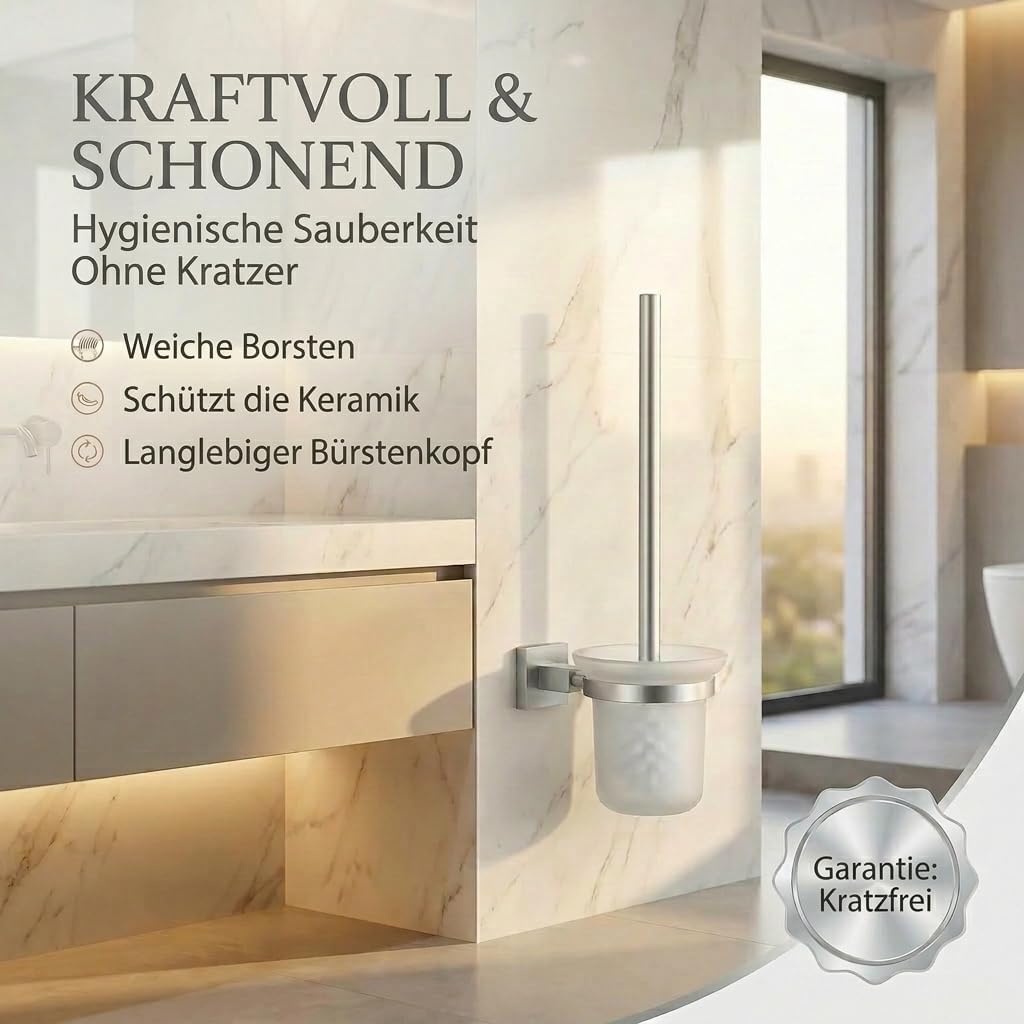 Edelstahl WC-Garnitur mit Chrom-Halter & Glas-Behälter