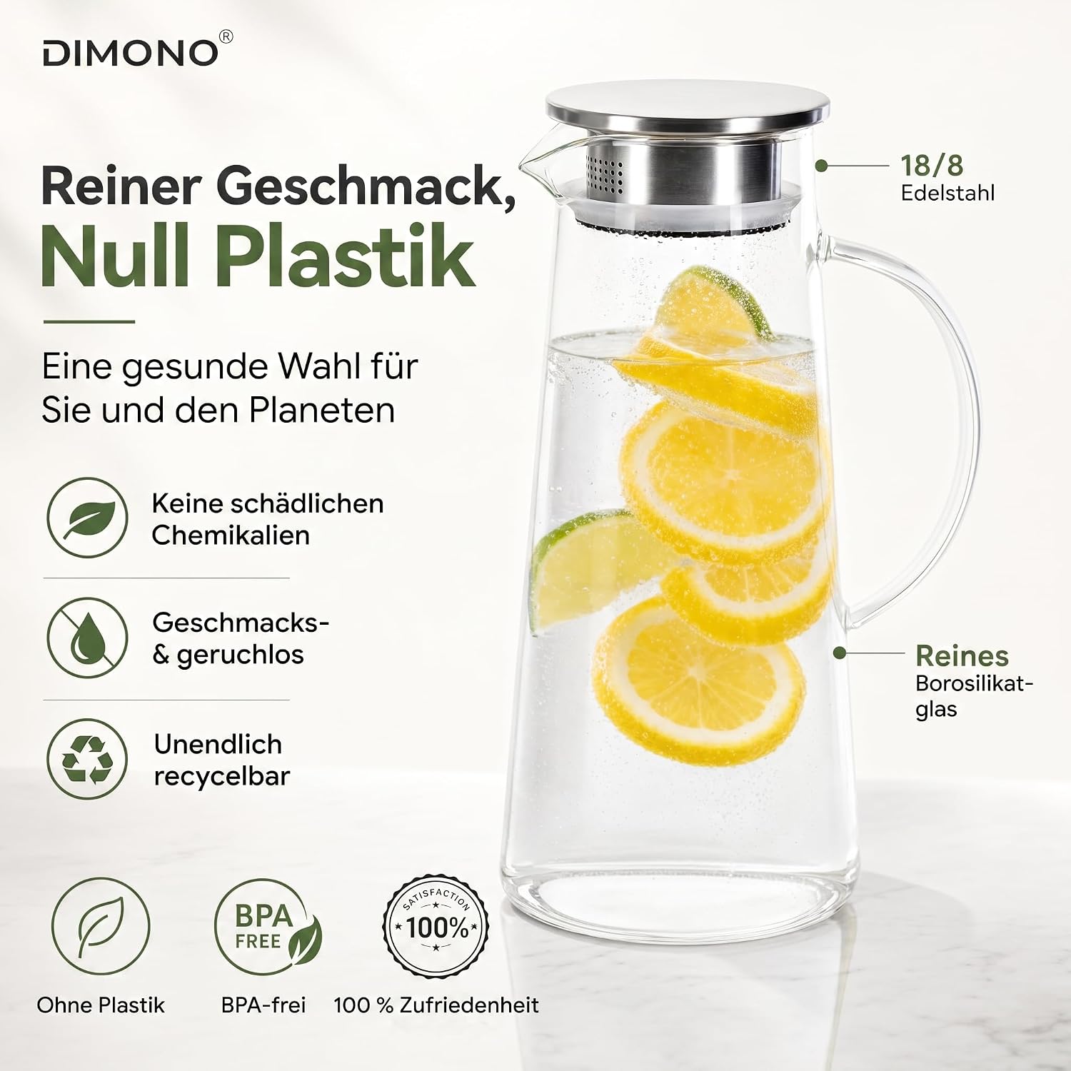 Dimono Glaskrug 1,5L mit Edelstahl-Filter – Hitzebeständige Karaffe
