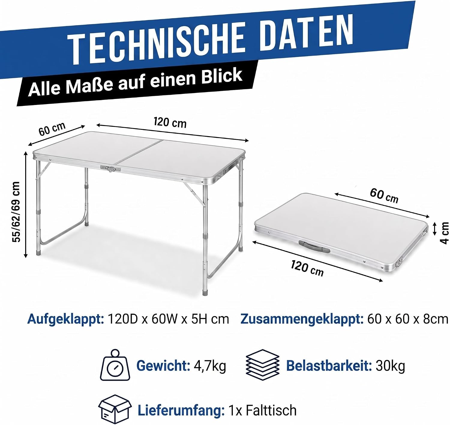 Klapptisch 120x60cm - Höhenverstellbarer Campingtisch Faltbar