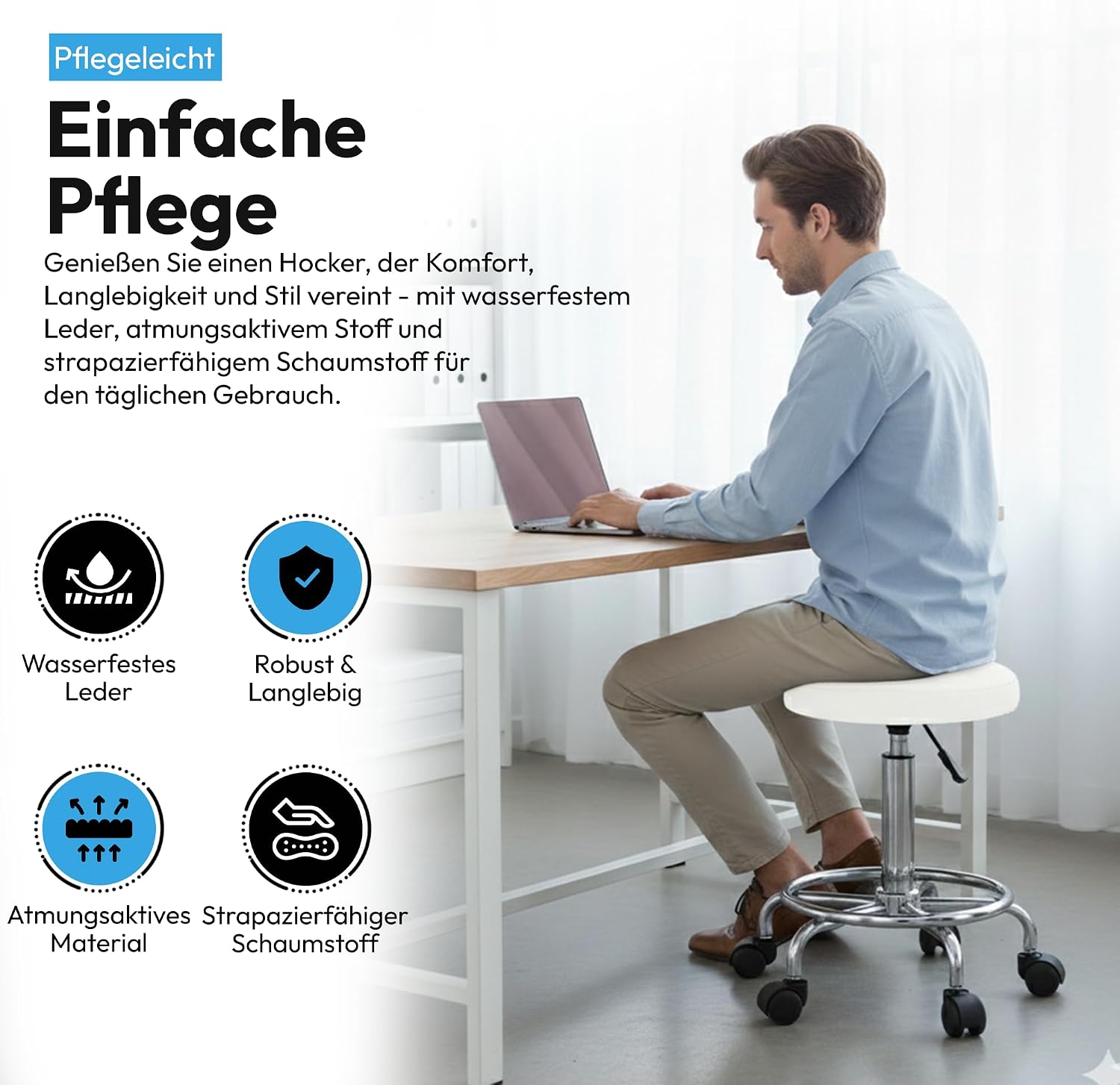 Ergonomischer Rollhocker - Drehbarer Arbeitshocker für Büro & Praxis