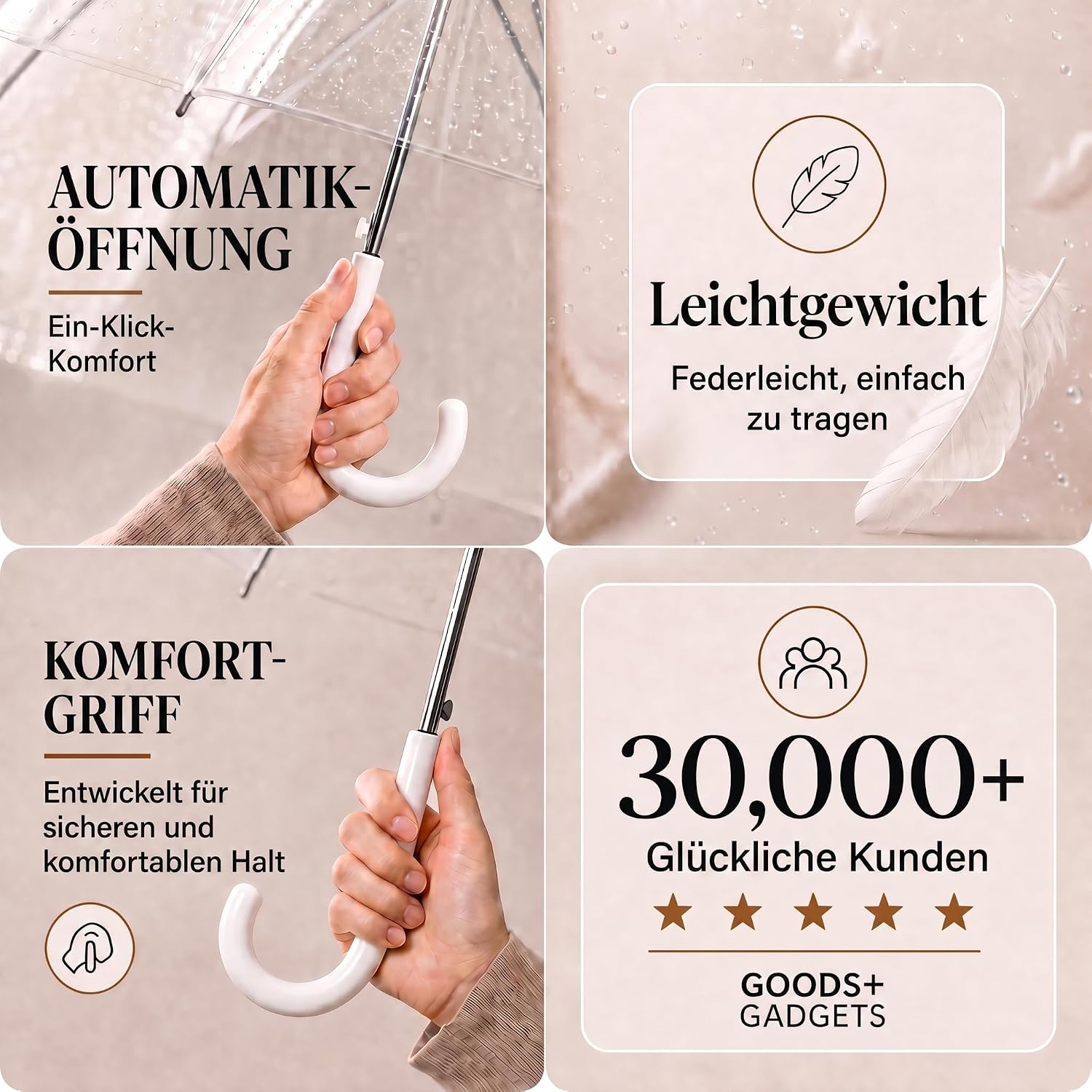 Transparenter Regenschirm 100cm - Durchsichtiger Stockschirm Elegant
