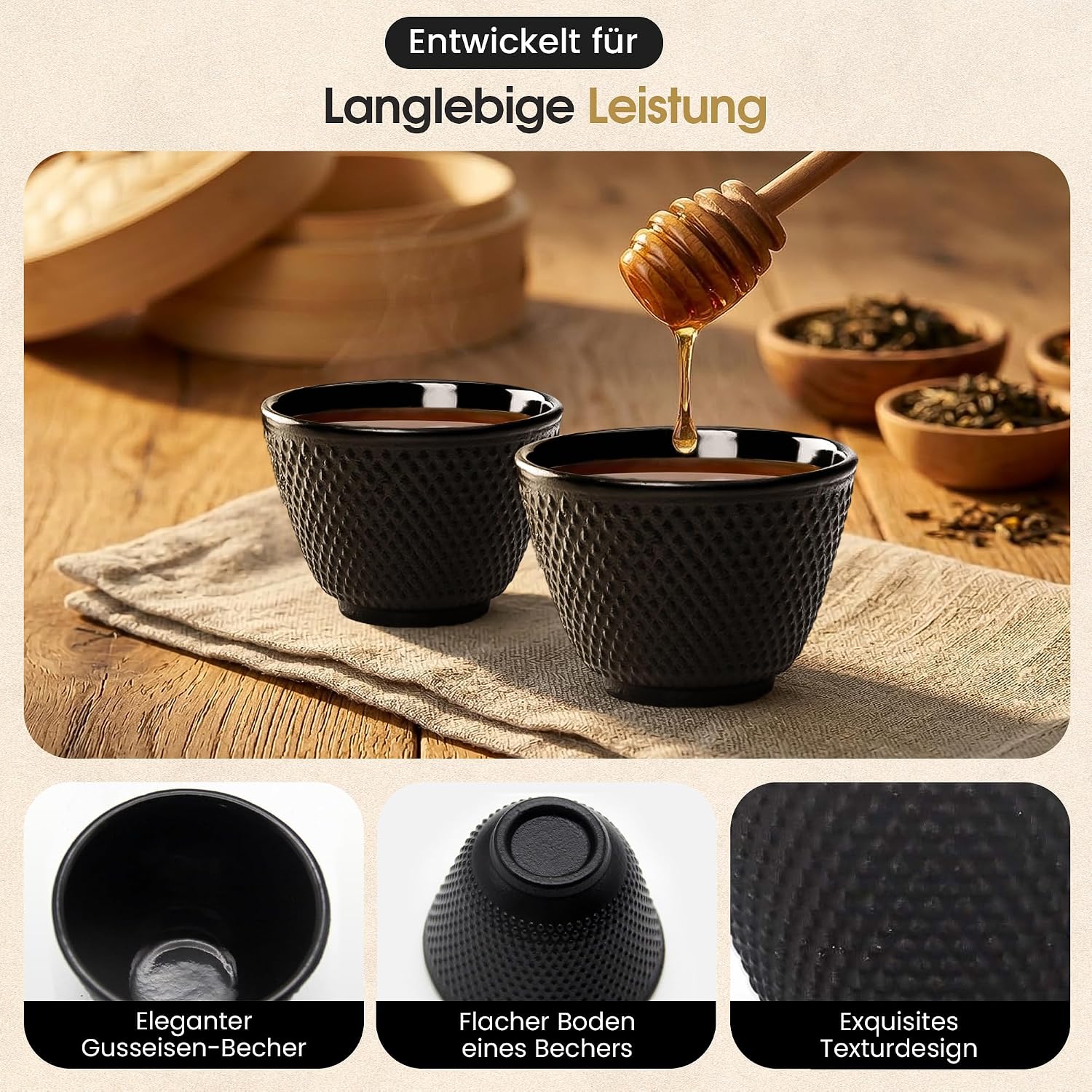 Traditionelle Gusseisen-Teebecher 2er Set - Asiatisches Design