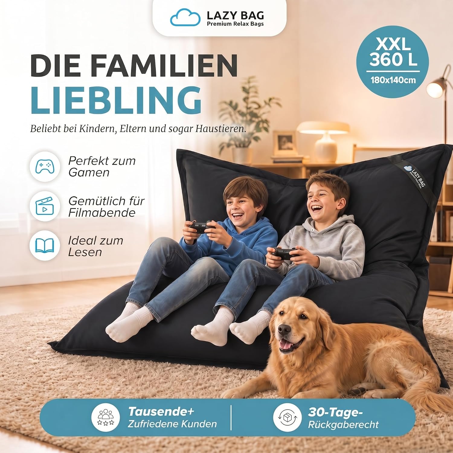 LazyBag XXL Sitzsack 180x140 cm aus Baumwolle – 400L Komfort