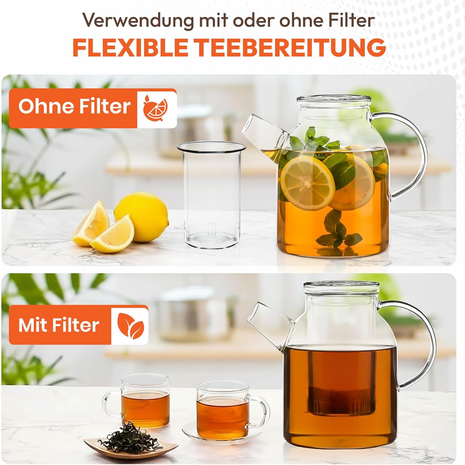 Dimono XXL Teekanne 1500ml - Mundgeblasene Glasteekanne mit Sieb