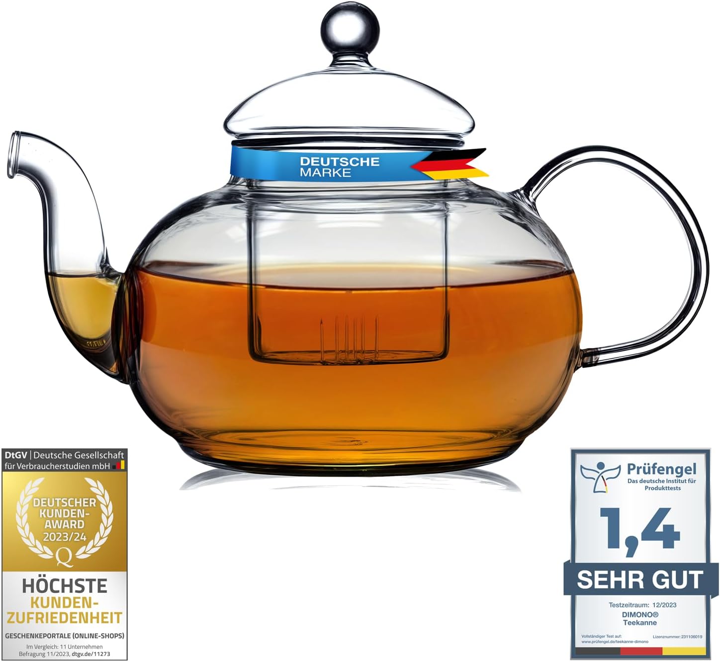 Dimono Teekanne 1500 ml aus Borosilikatglas mit feinem Teesieb