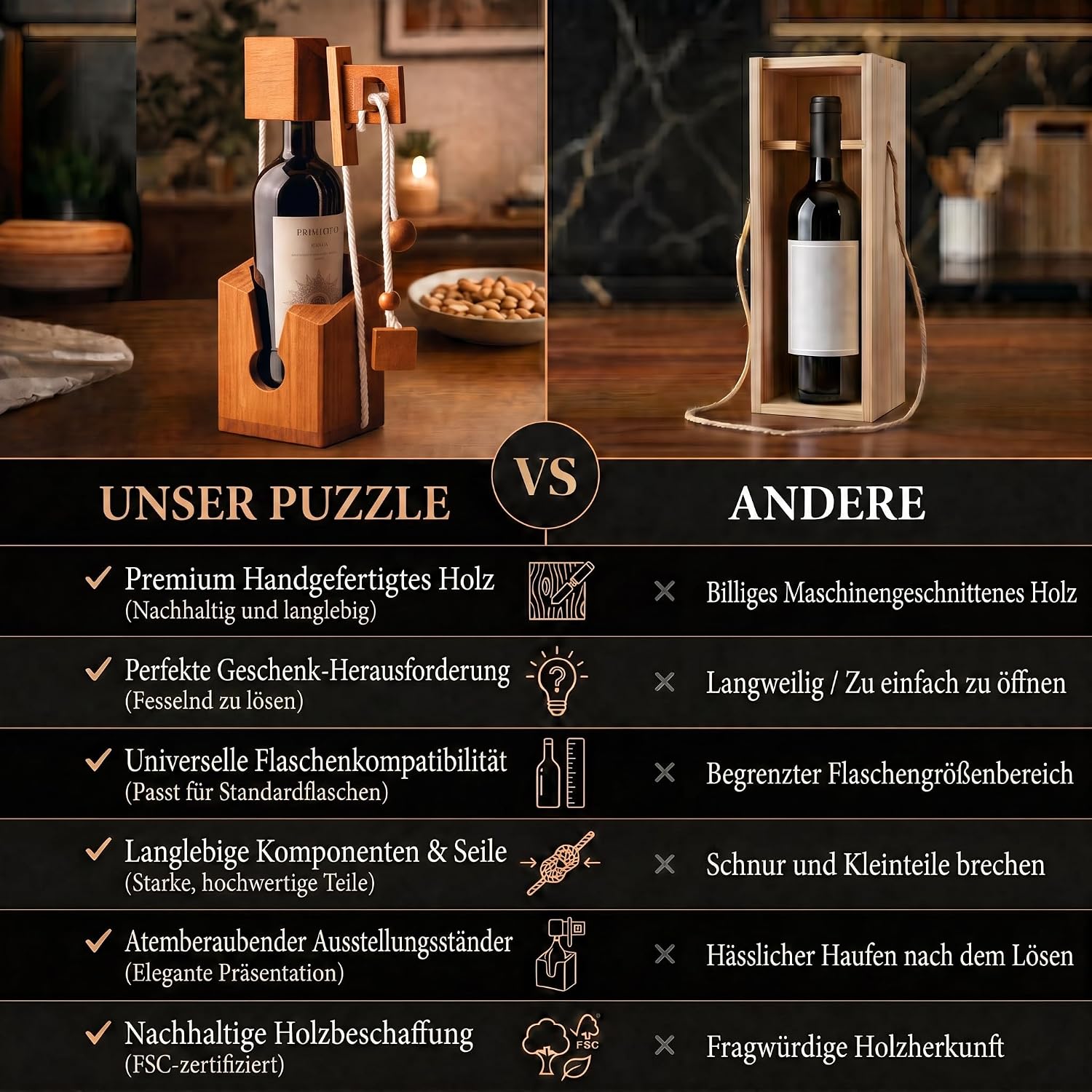 Flaschenpuzzle Holz - Flaschen-Tresor Geduldsspiel Geschenk
