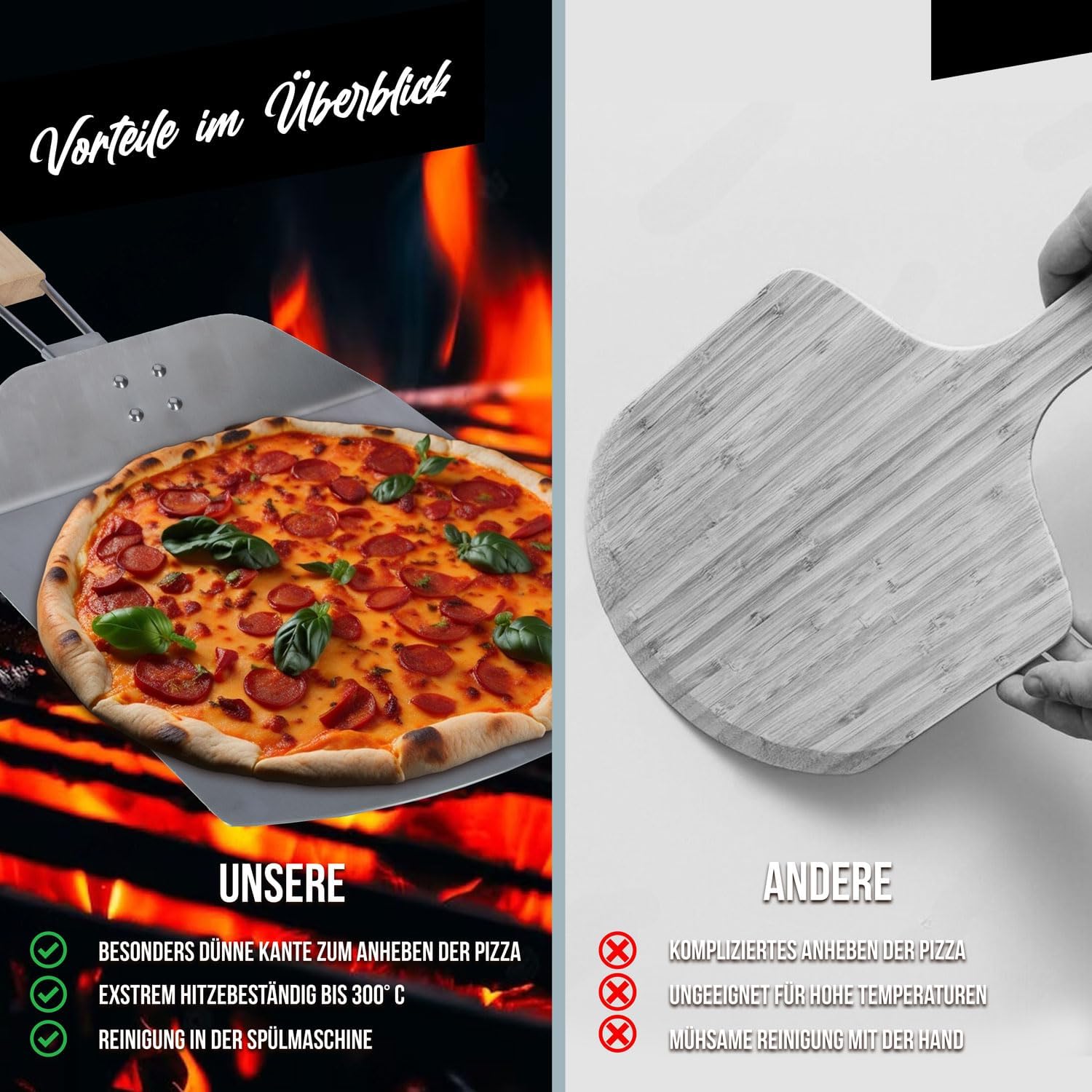 Klappbare Pizzaschaufel mit Holzgriff & Aluminium-Schaufel