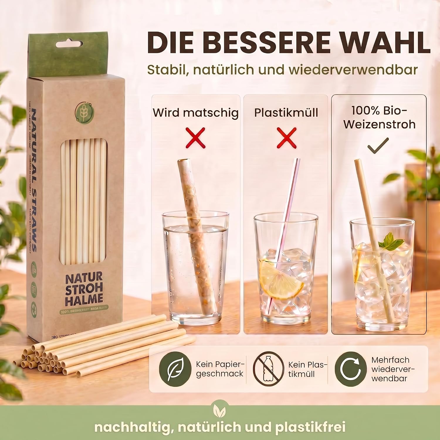 100 Bio Weizenstrohhalme - Nachhaltig, Biologisch & Geschmacksecht