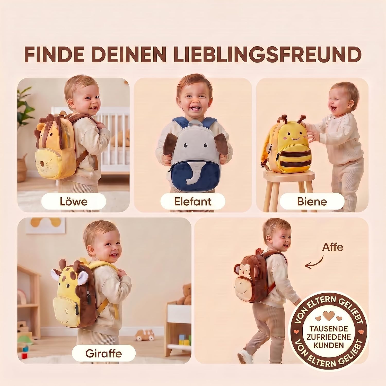 Tier-Kinderrucksack mit Sicherheitsleine für Kleinkinder