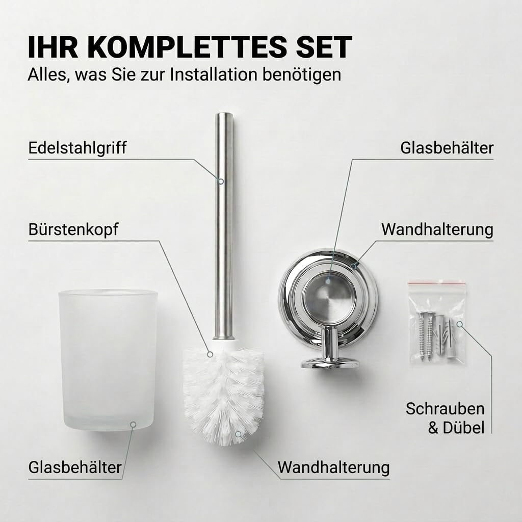 Edelstahl WC-Garnitur mit Chrom-Halter & Glas-Behälter