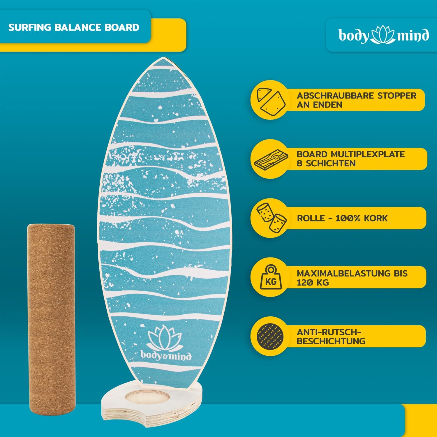 Balance-Board Surfbrett mit Korkrolle & Ständer – Fitness Board 80 cm