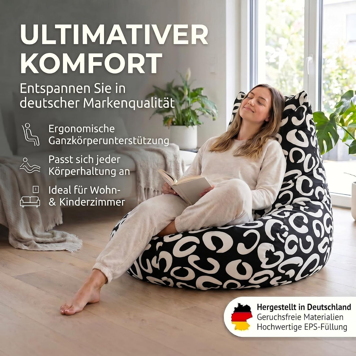 SMOOTHY Sitzsack XXL – Beany Lounge Chair für Erwachsene – Schwarz