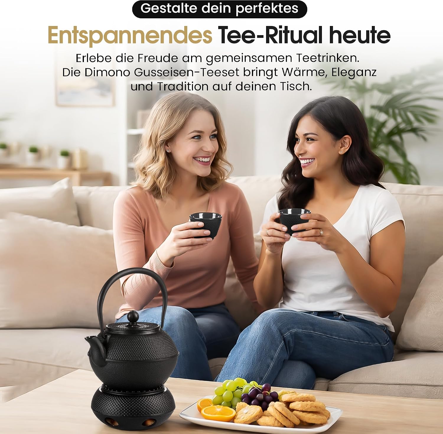 Teekanne aus Gusseisen 1,3l mit Sieb - Schwarz & Emailliert