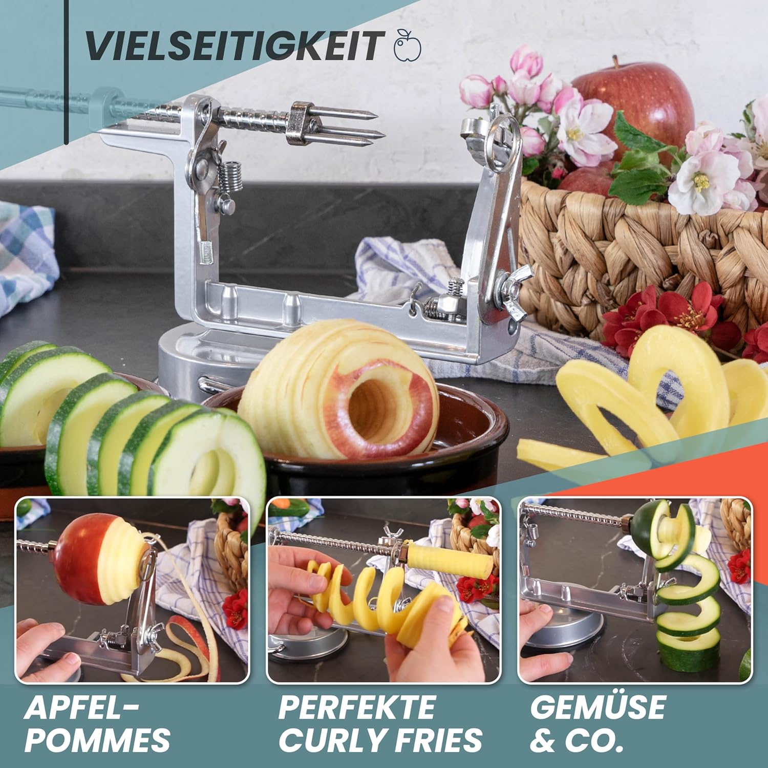3-in-1 Apfelschäler Edelstahl - Manuelle Kurbel-Schälmaschine