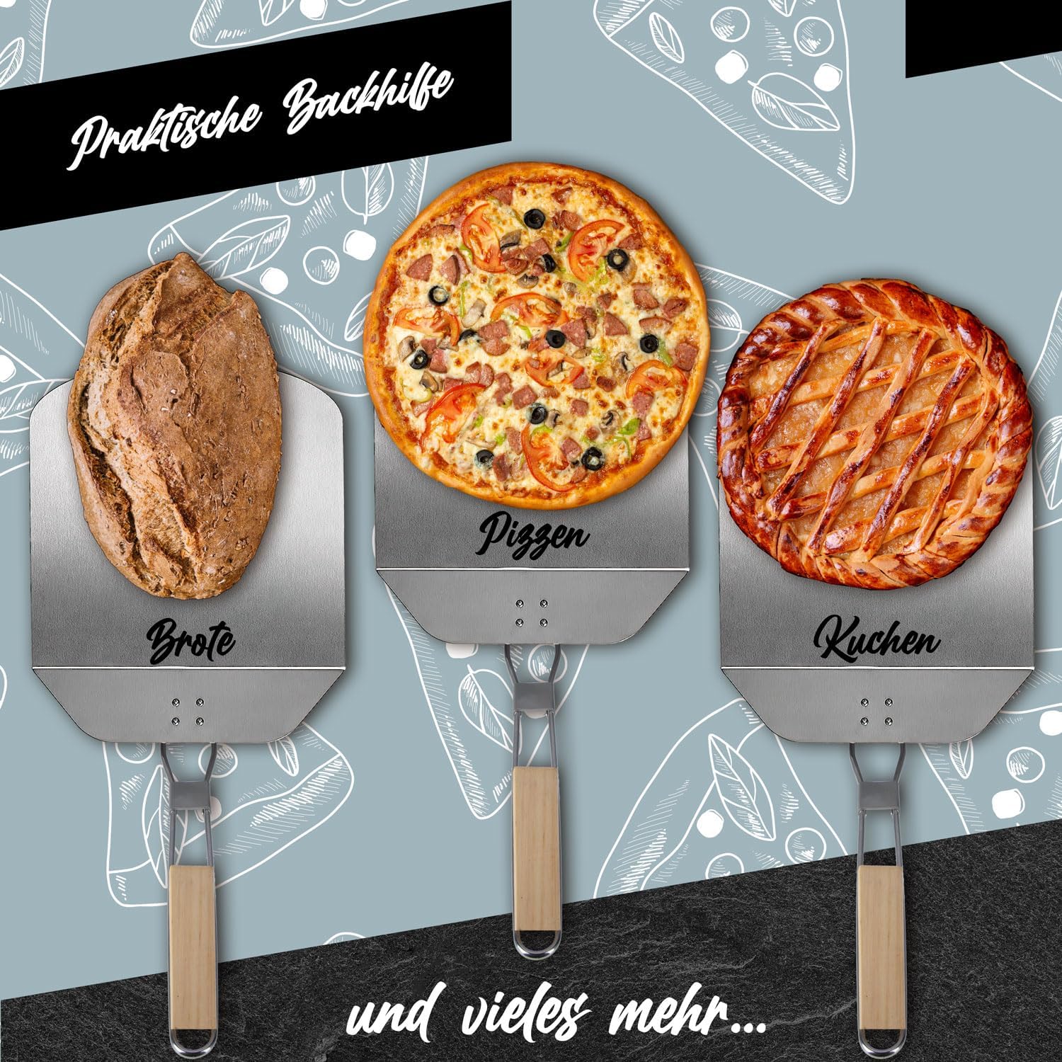 Klappbare Pizzaschaufel mit Holzgriff & Aluminium-Schaufel