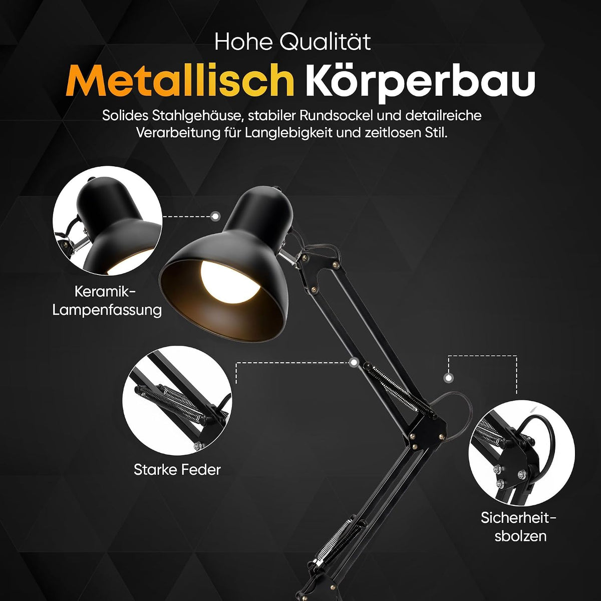 Retro Schreibtischlampe - Vintage Arbeitslampe mit Gelenk-Arm & LED #Farbe_Schwarz