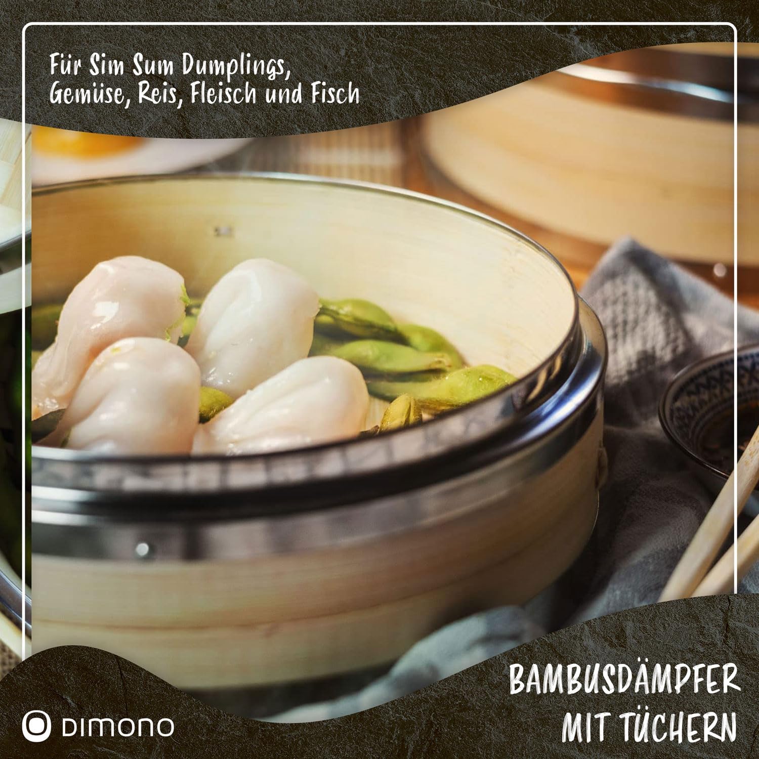 Bambus Dampfgarer 20cm - 2 Etagen Asia-Dampfkorb mit Edelstahl-Ring