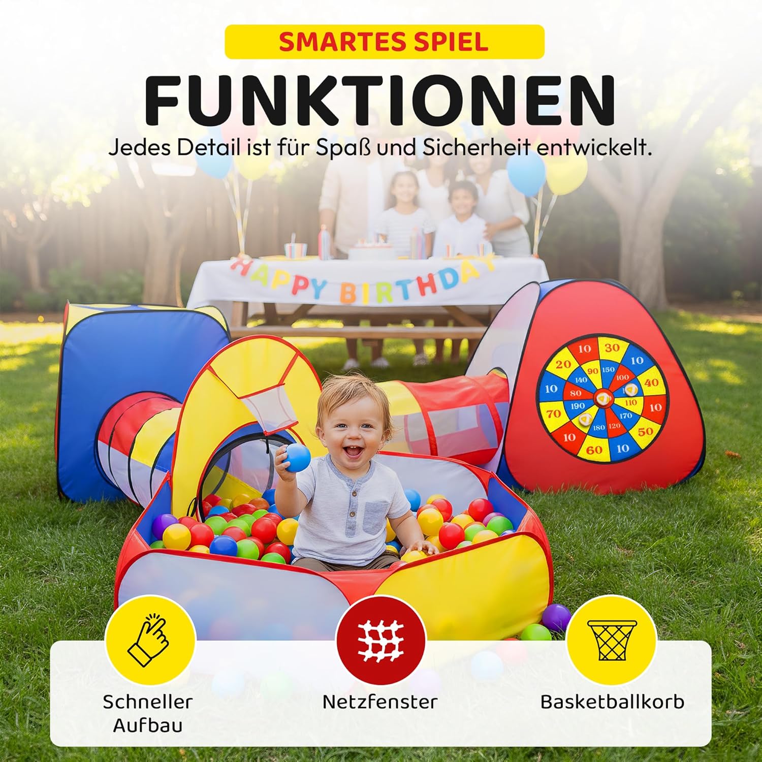 Spielzelt für Kinder mit Tunnel & Bällebad – 5-tlg. Pop-Up Zelt