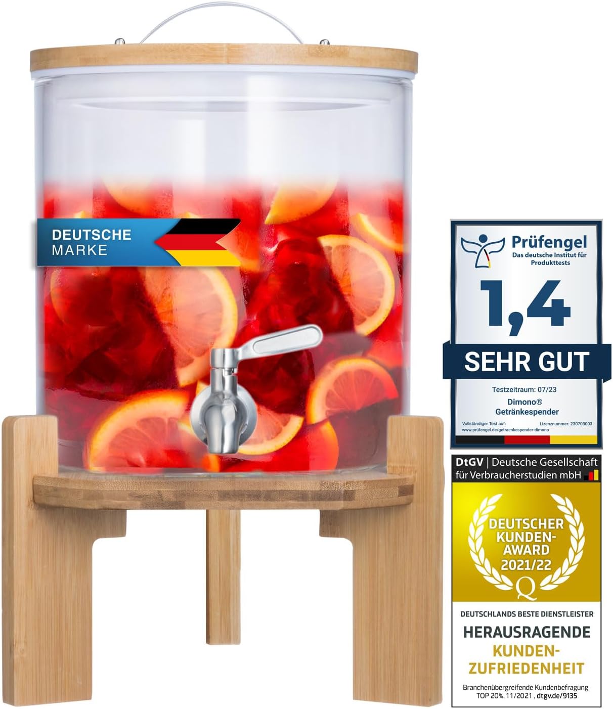 Designer Getränkespender mit Zapfhahn & Bambusgestell 5L & 8L