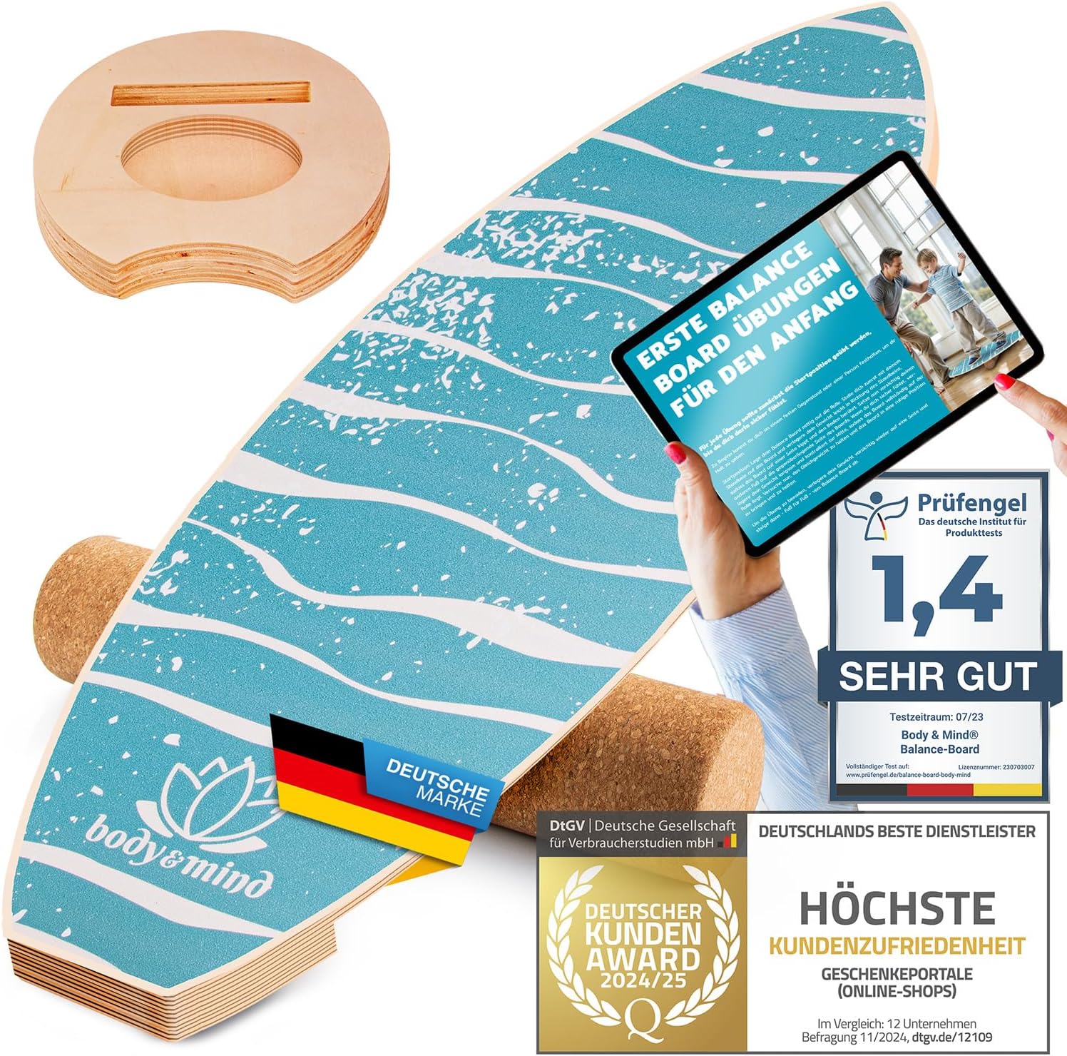 Balance-Board Surfbrett mit Korkrolle & Ständer – Fitness Board 80 cm