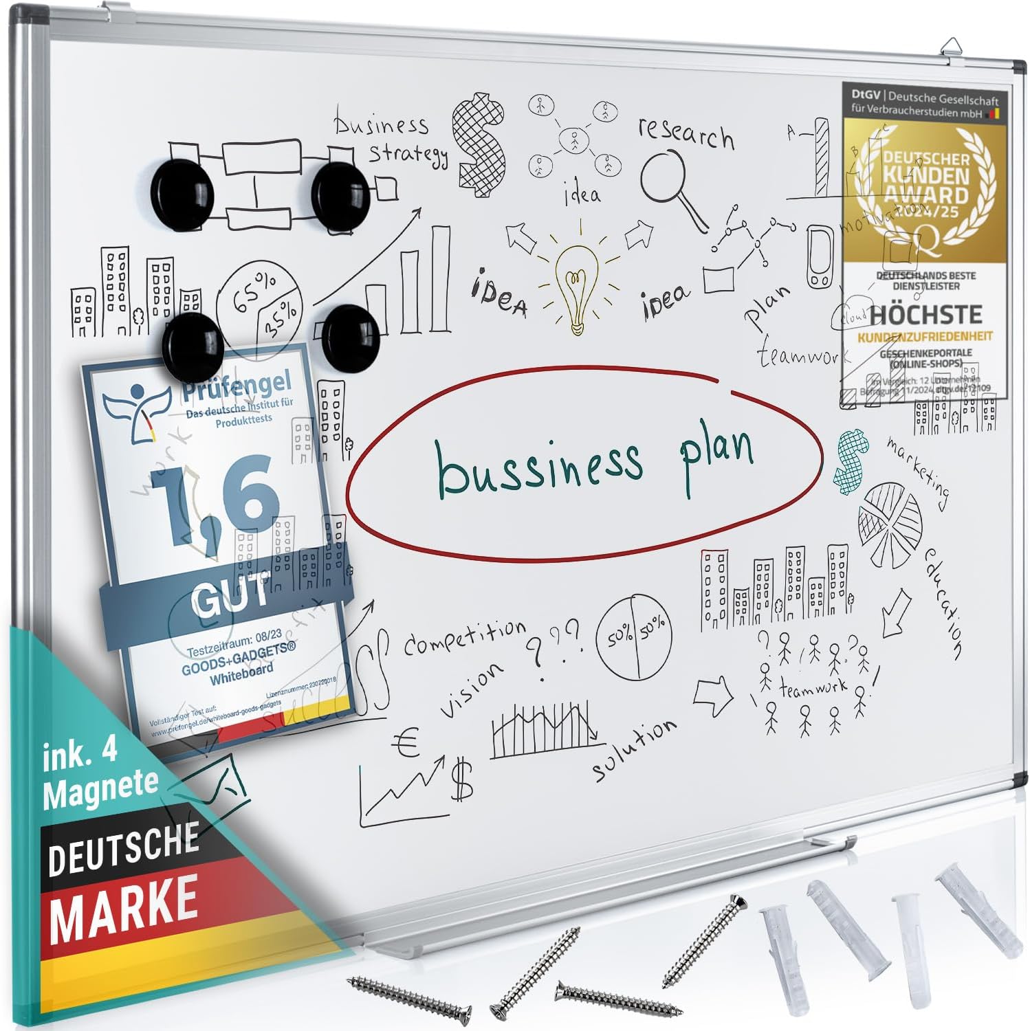 Magnetisches Whiteboard 90x60 cm mit Alurahmen & Ablage