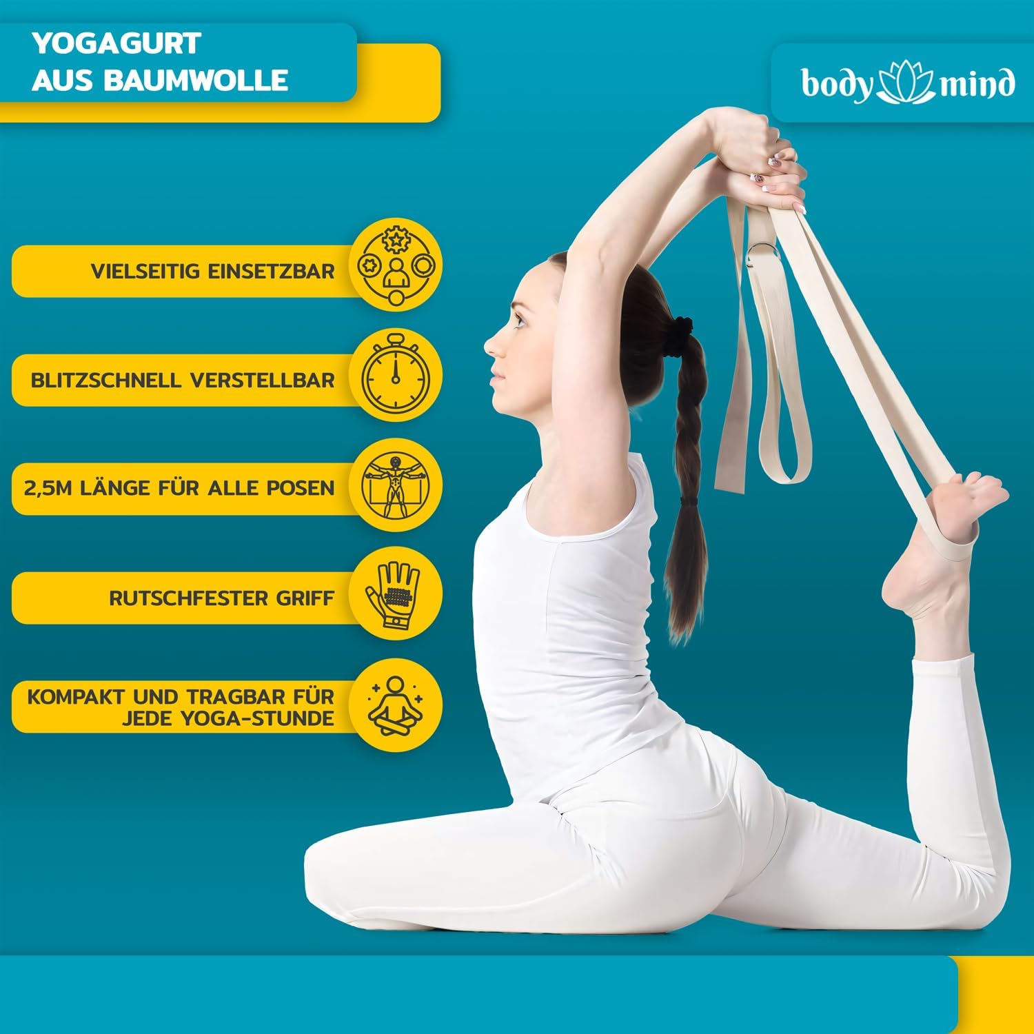 Yoga Gurt 250 cm mit Metall-D-Ring - Rutschfest & Langlebig