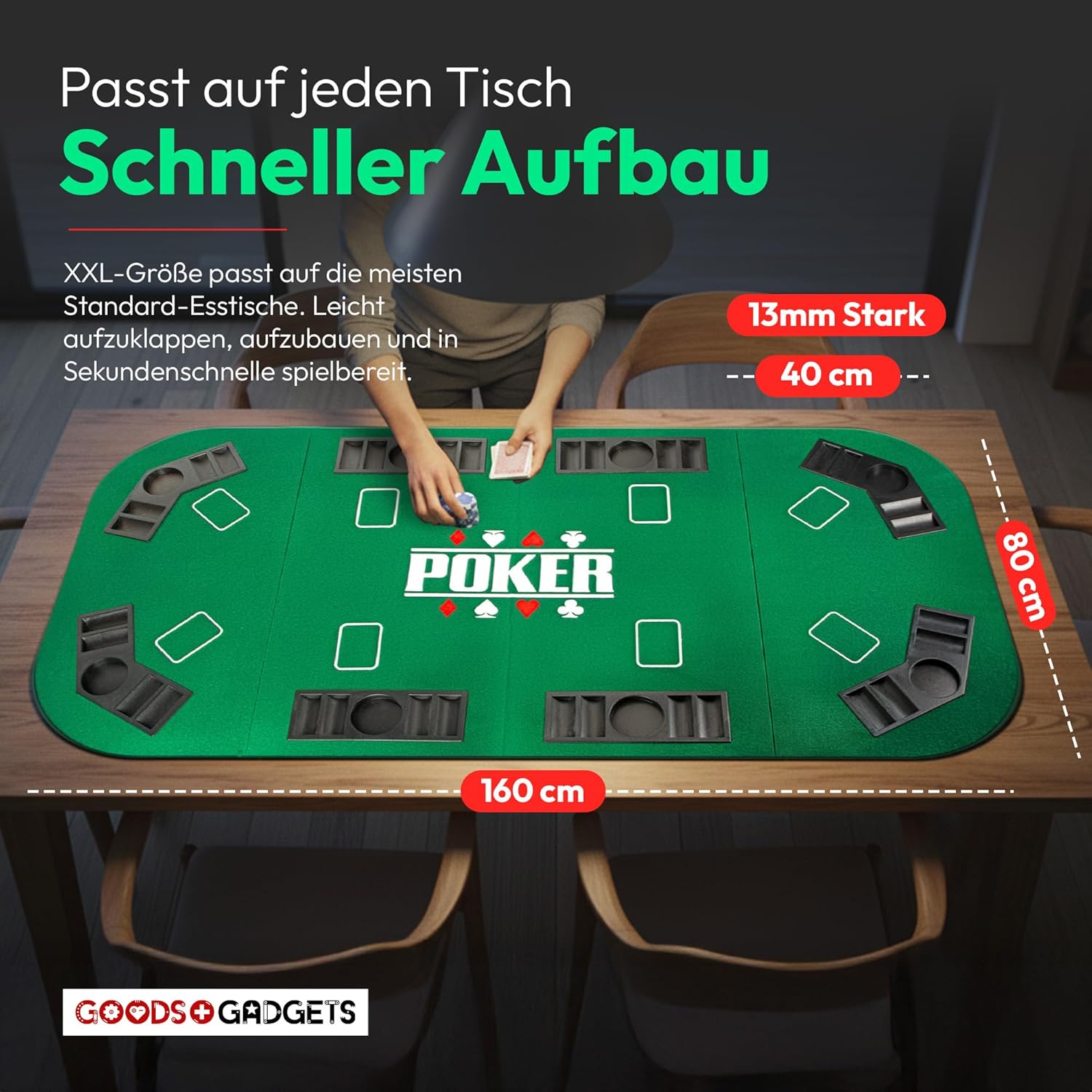 Klappbare Pokerauflage 160x80cm für 8 Spieler mit Getränkehaltern