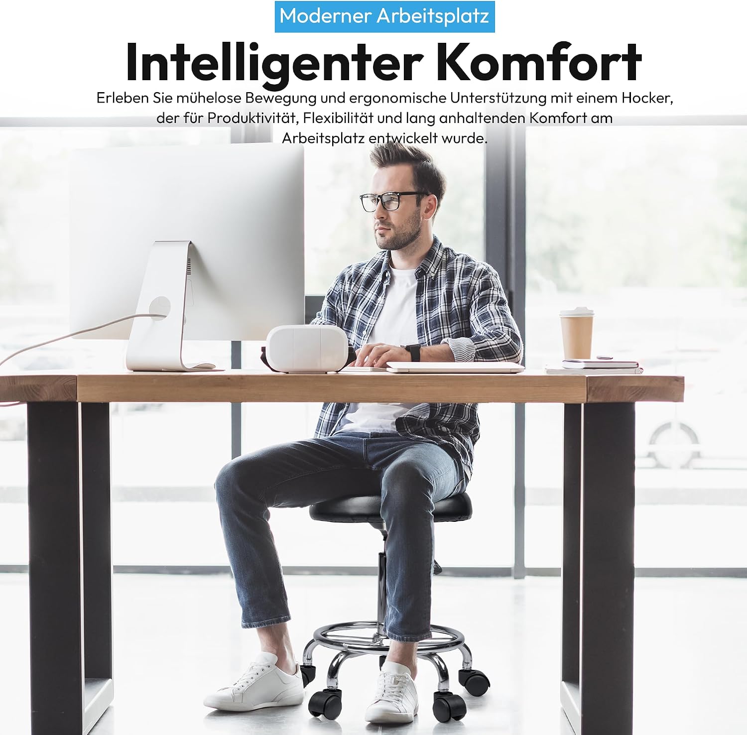 Ergonomischer Rollhocker - Drehbarer Arbeitshocker für Büro & Praxis