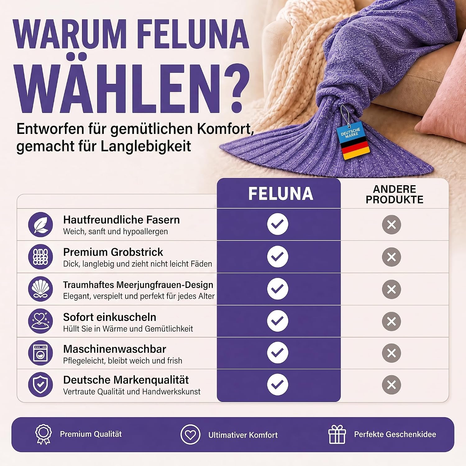 Feluna Meerjungfrau Kuscheldecke – 180x85 cm – Weiche Strickdecke