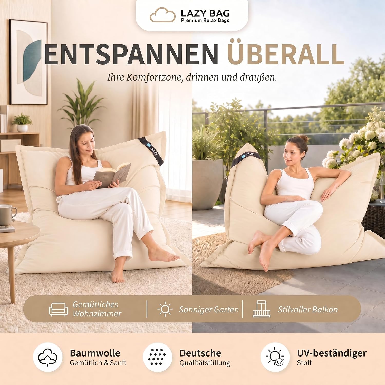 LazyBag XXL Sitzsack 180x140 cm aus Baumwolle – 400L Komfort