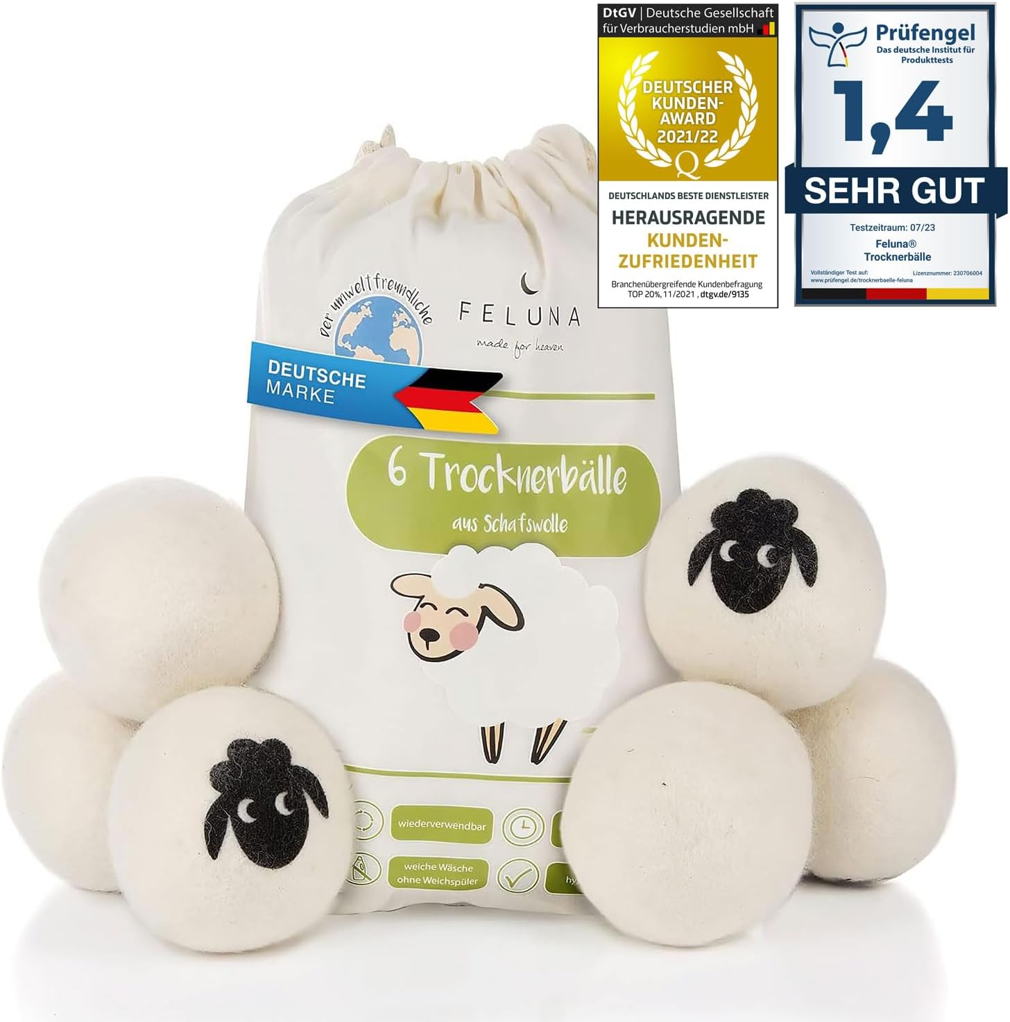 Trocknerbälle 6er Set - 100% Schafwolle für weiche Wäsche