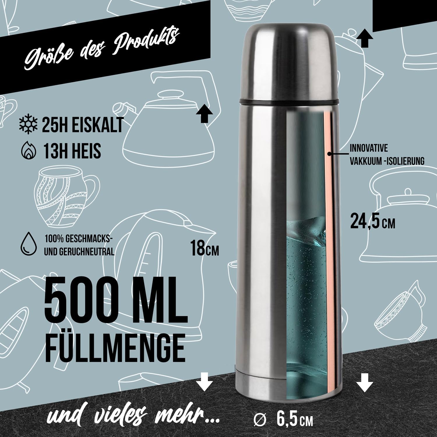 Edelstahl Thermoskanne 1L - Auslaufsichere Isolierflasche 12h heiß