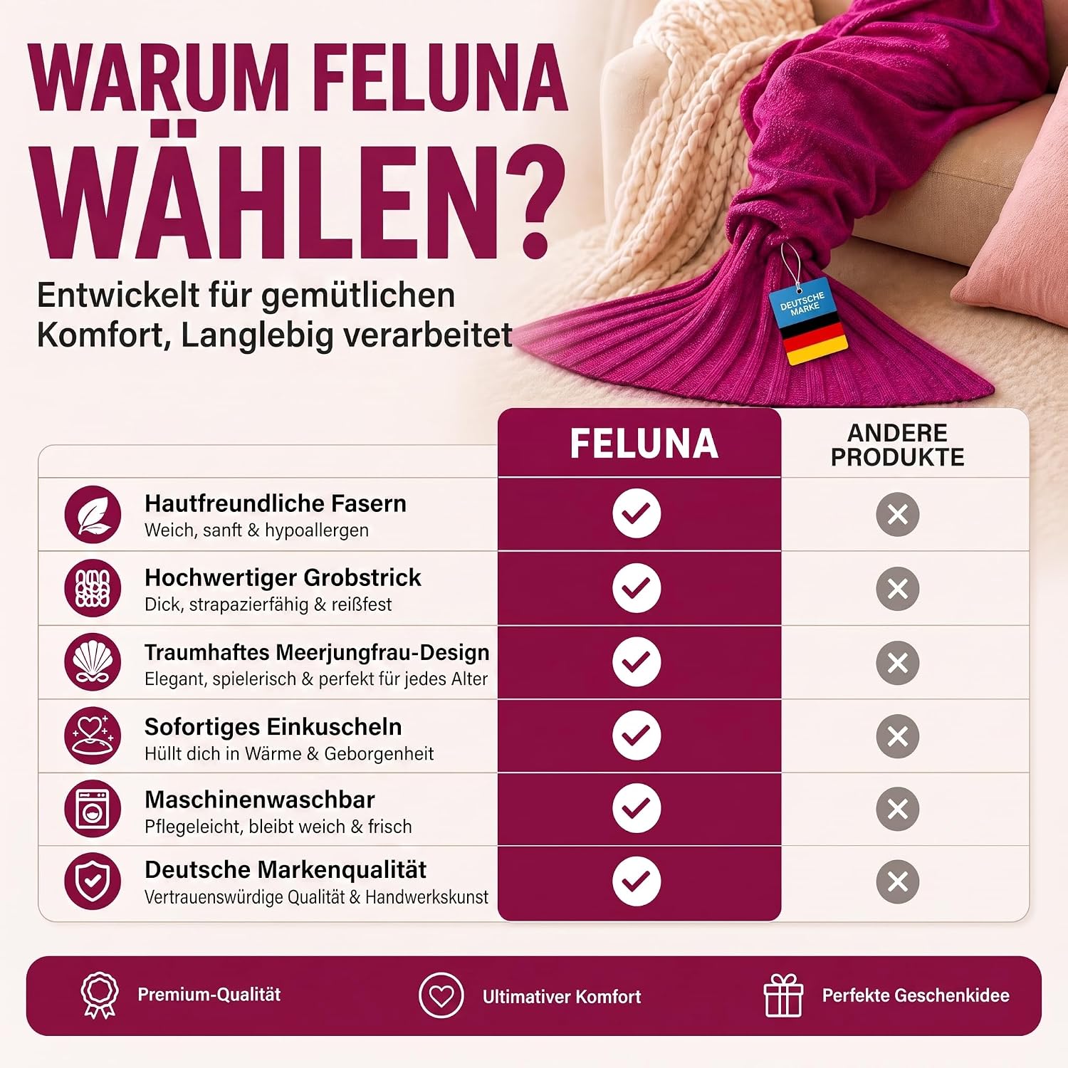 Feluna Meerjungfrau Kuscheldecke – 180x85 cm – Weiche Strickdecke