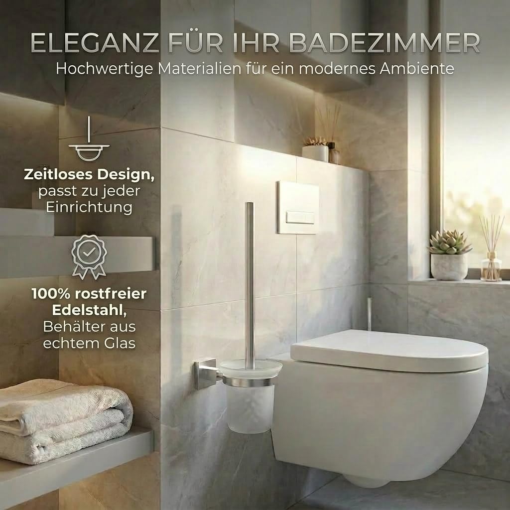 Edelstahl WC-Garnitur mit Chrom-Halter & Glas-Behälter