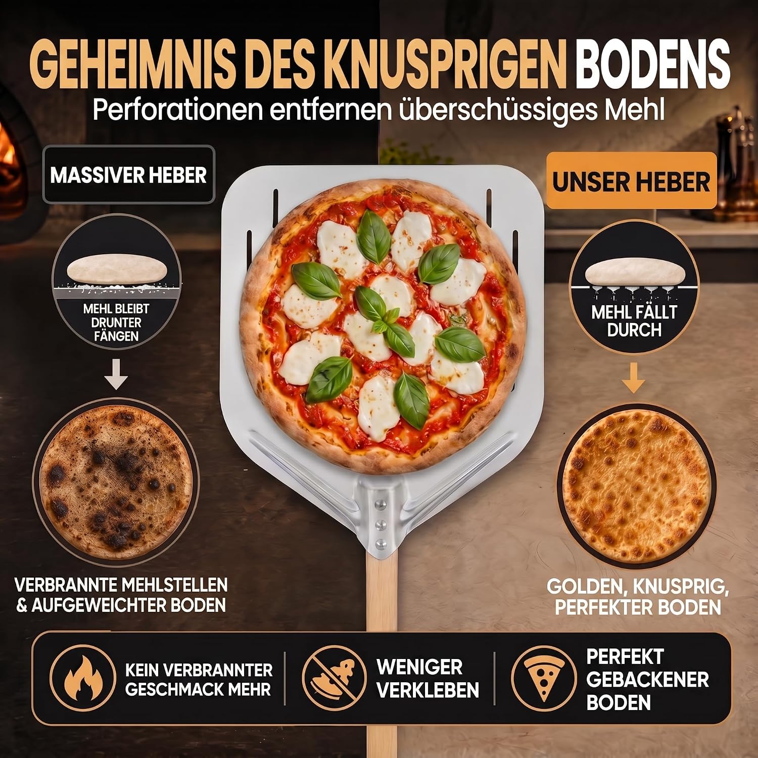 Klappbare Pizzaschaufel mit Holzgriff & Aluminium-Schaufel