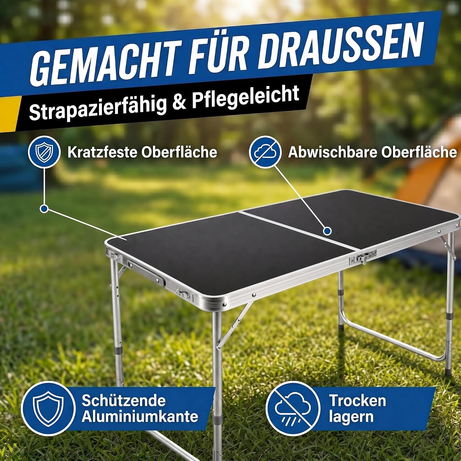 Klapptisch 120x60cm - Höhenverstellbarer Campingtisch Faltbar