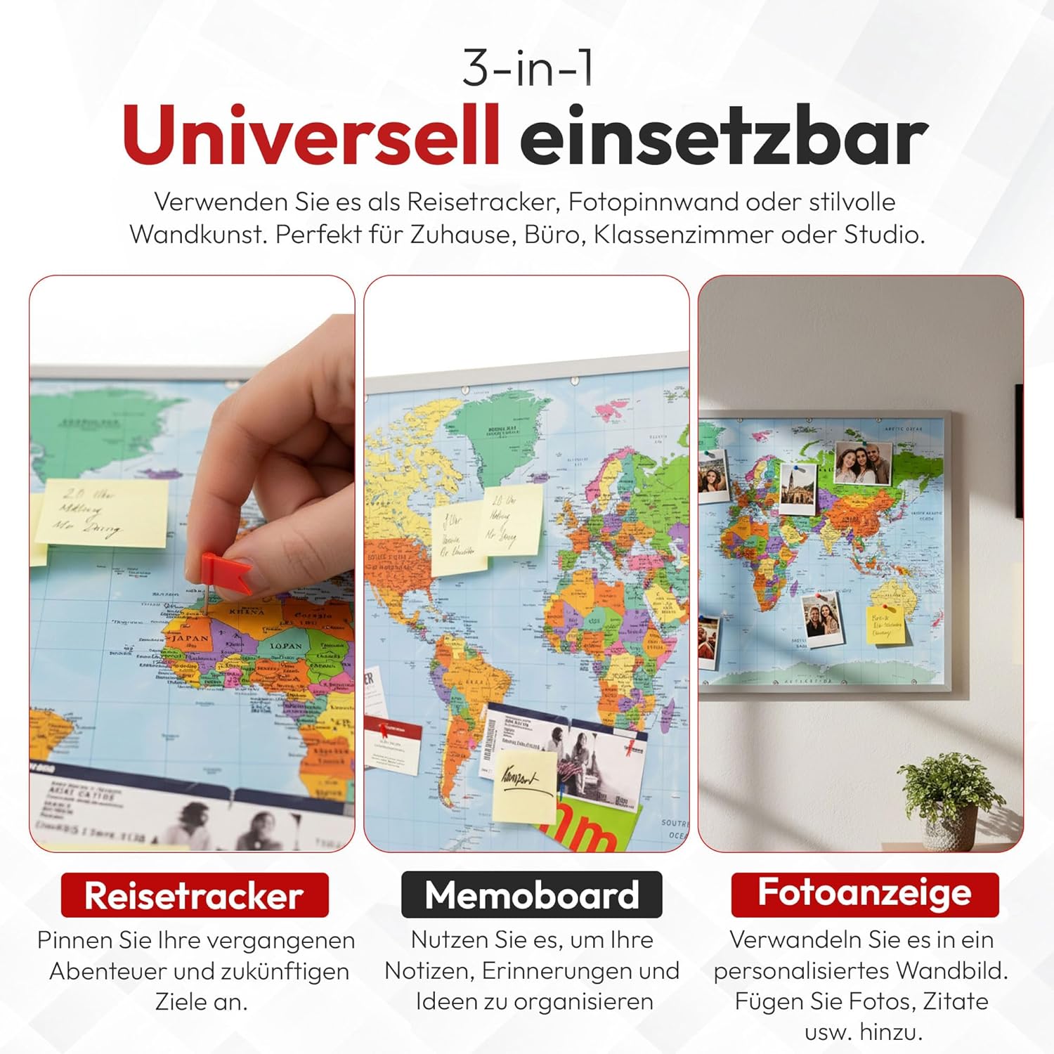Weltkarte Pinnwand 90x60 cm Kork - Memoboard mit Markierungsfähnchen