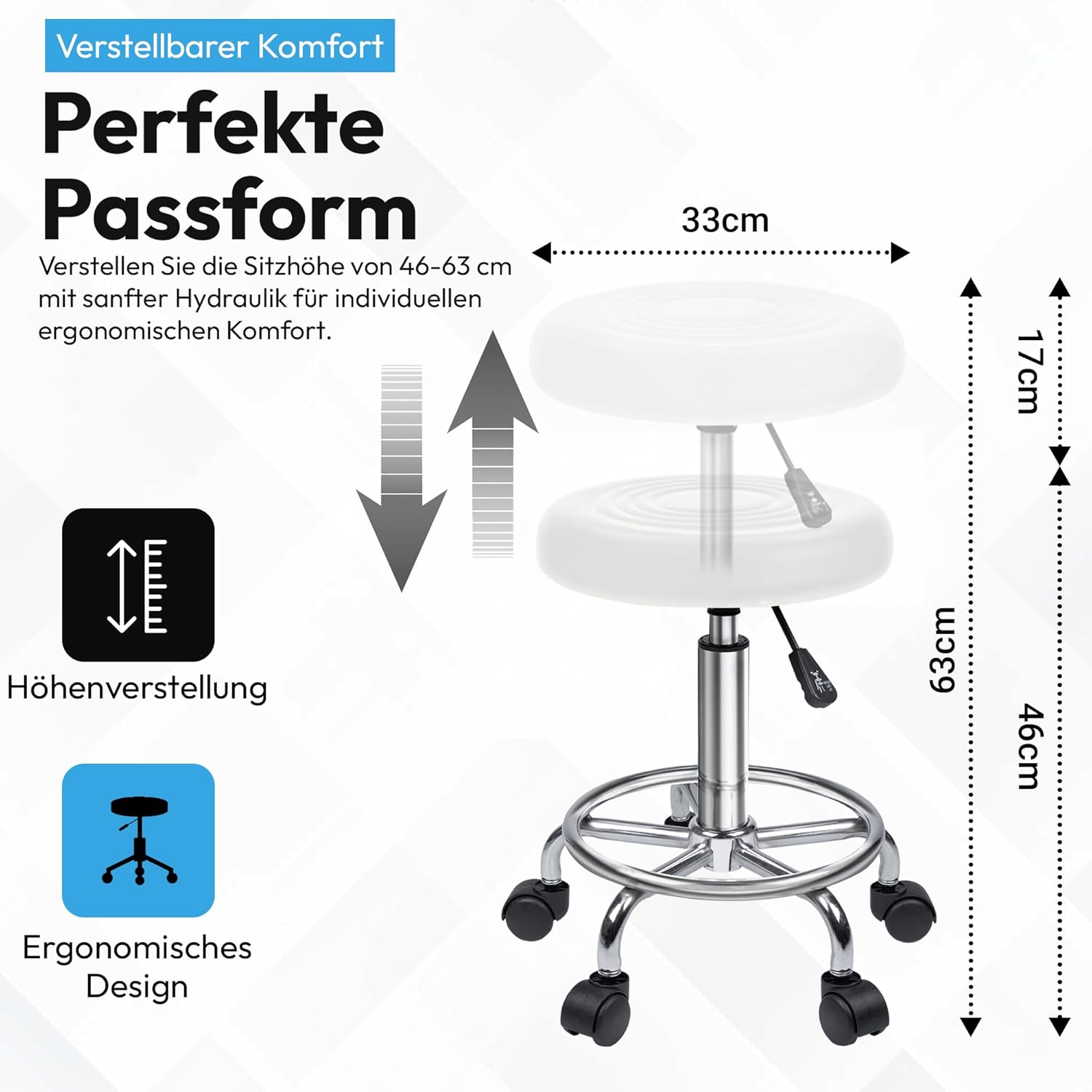Ergonomischer Rollhocker - Drehbarer Arbeitshocker für Büro & Praxis